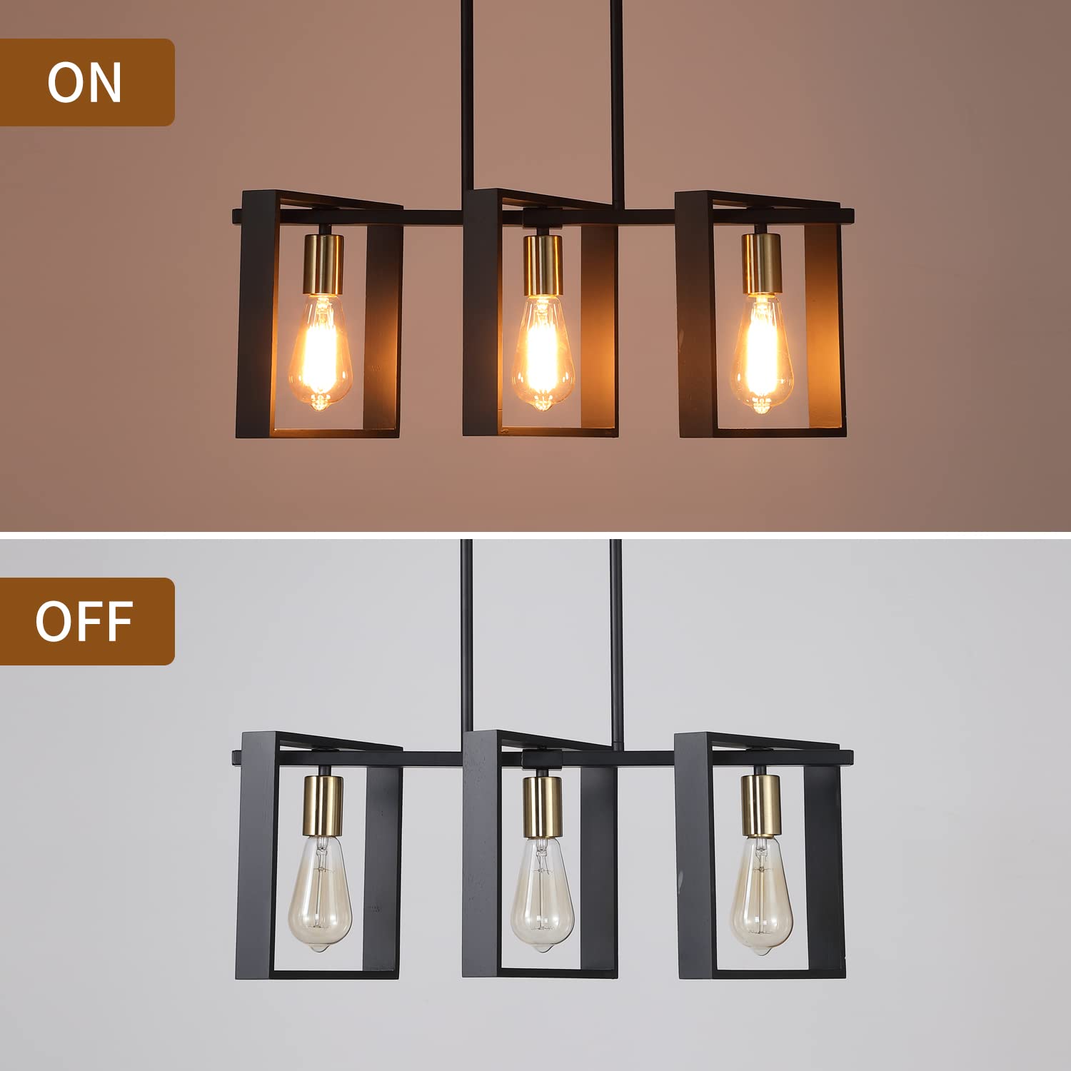 9MMML 3 Lights Kitchen Island Lighting, Modern Rectangle Linear Pendant Light, Black Frame+ Gold Socket Chandelier for Dining &Living Room Foyer Entryway Hallway,E26,Height Adjustable.