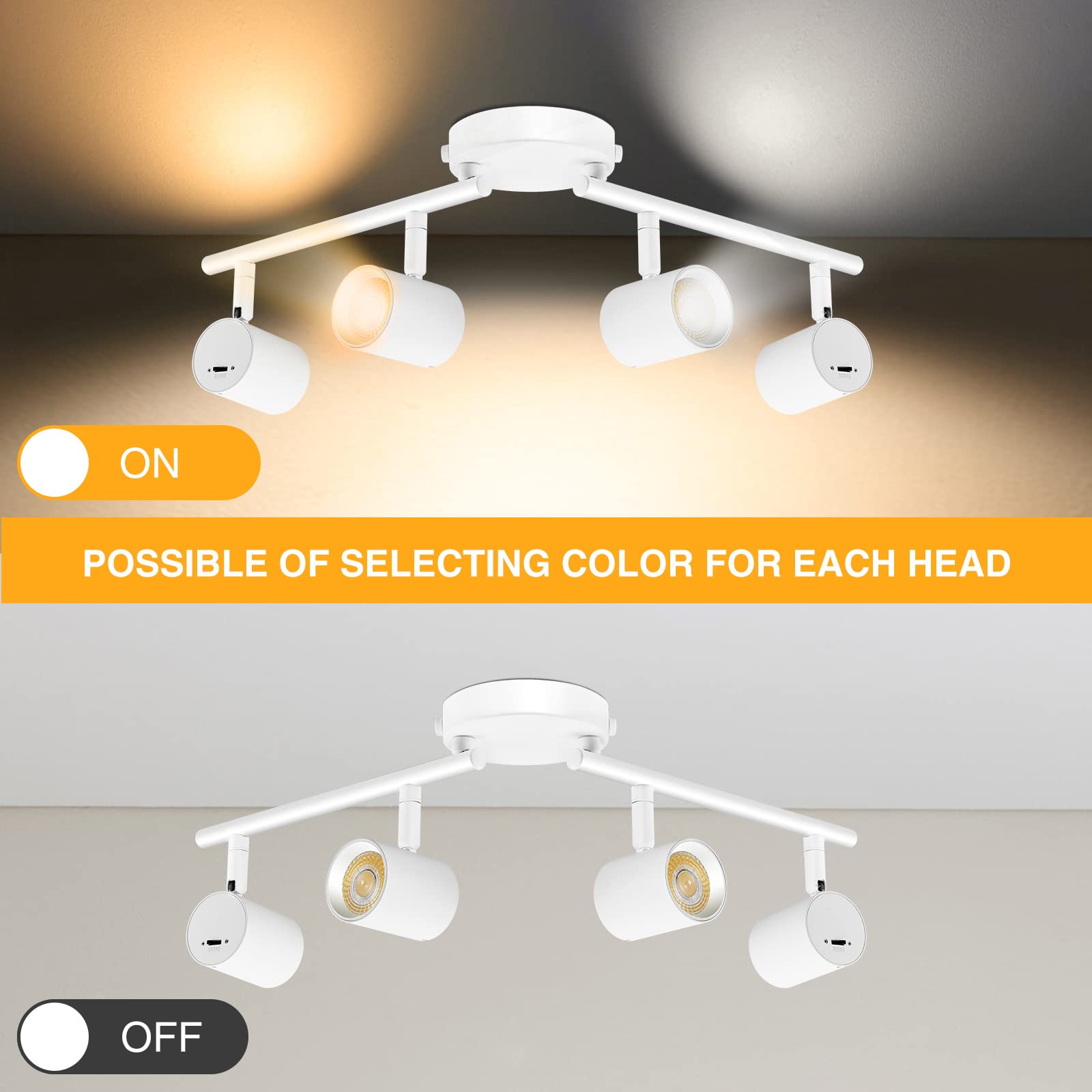 5-Color 4 Light LED Track Lighting Fixtures Ceiling for Kitchen, Dimmable Track Lighting Kit, Ceiling Spotlight Flush Mount Adjustable Directional Spot Lights Indoor, White CRI90 2400lm 30W