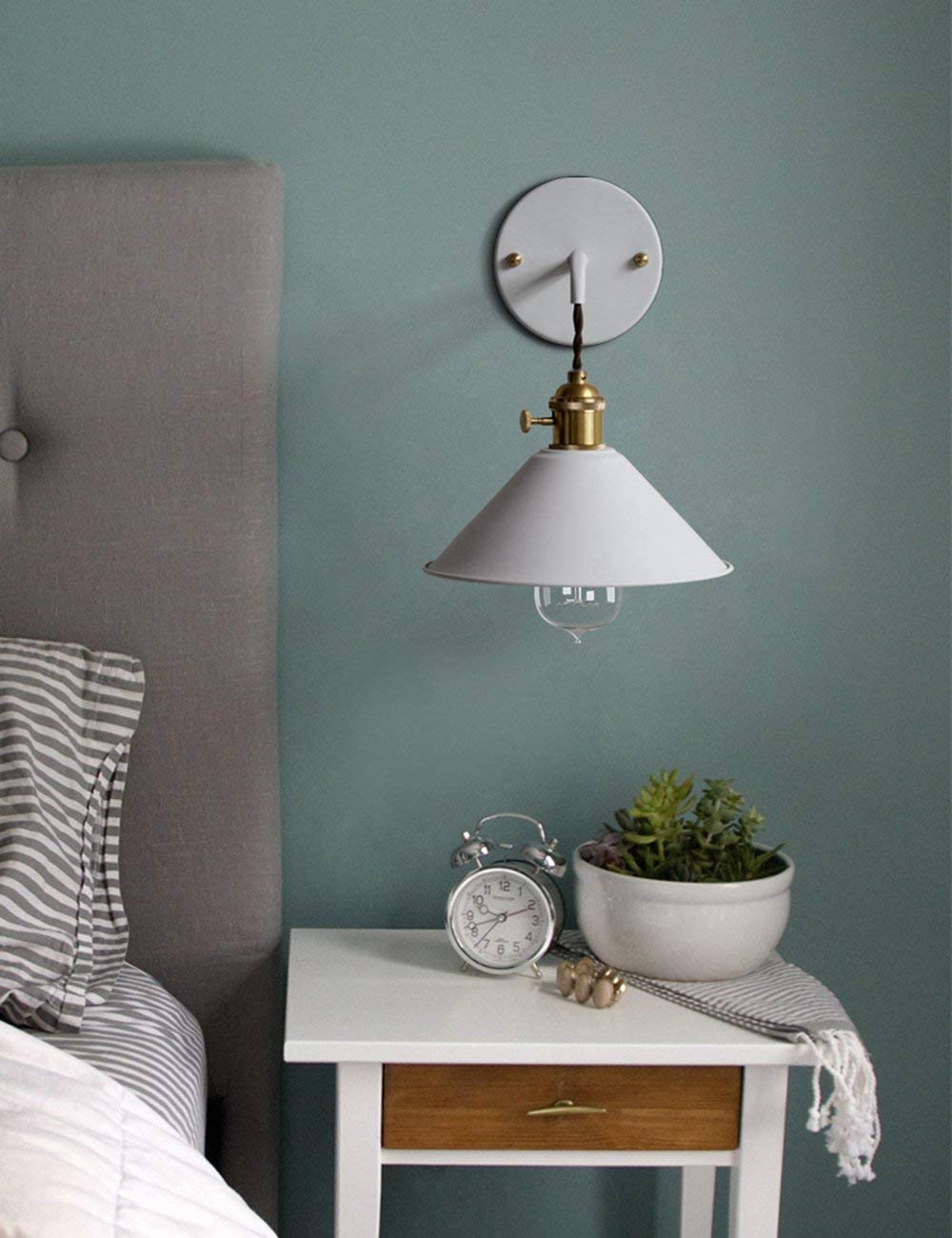 Plug in Switch Wall Sconces Set of Two,Blue Wall lamp with Plug in Cord of 2 for Bedroom Hanging Wall Lights E26 Edison Brass lamp Holder with Frosted Paint Body Bedside lamp