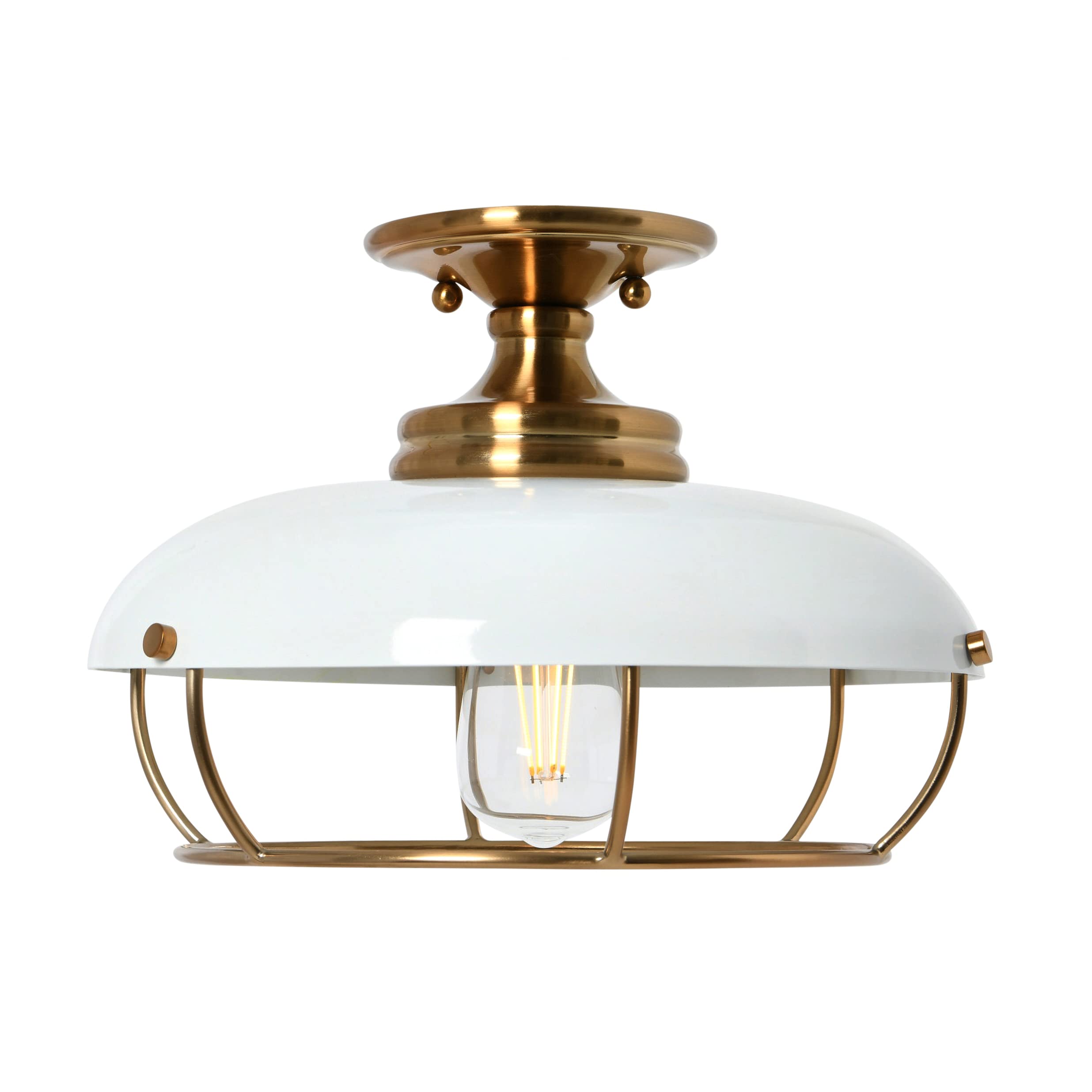 Caged Dome Metal Semi-Flush Mount Ceiling Light, Brushed Brass and Navy Blue