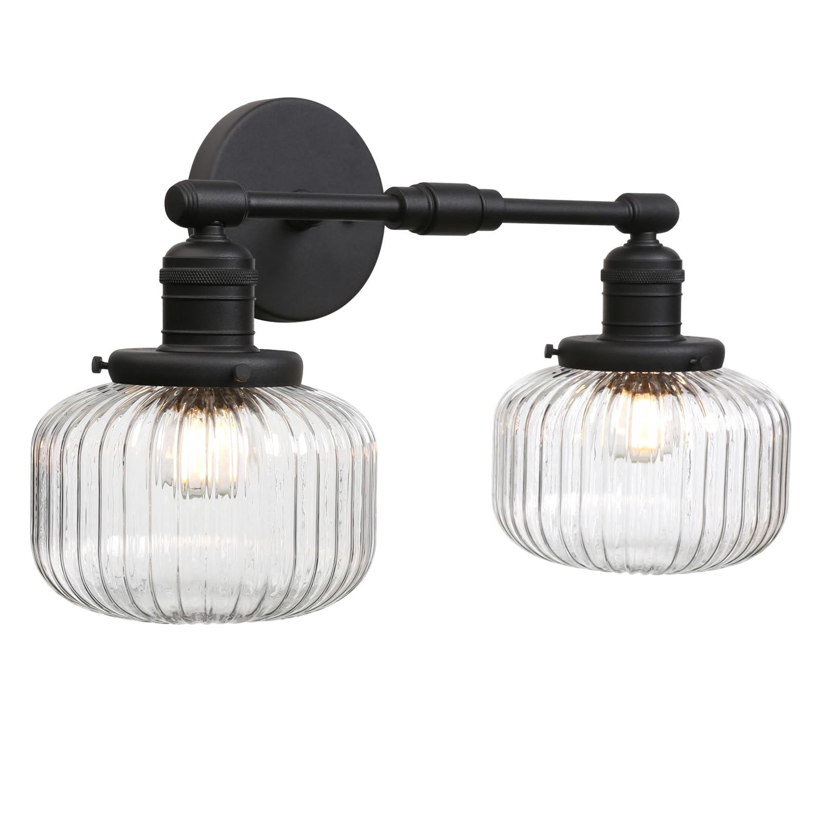 2-Lights Industrial Glass Wall Sconces, Antique Brass Clear Striped Globe Shade Wall Light Fixture for Bathroom Vanity, Bedroom, Dining Room, Living Room, Farmhouse, Stairs