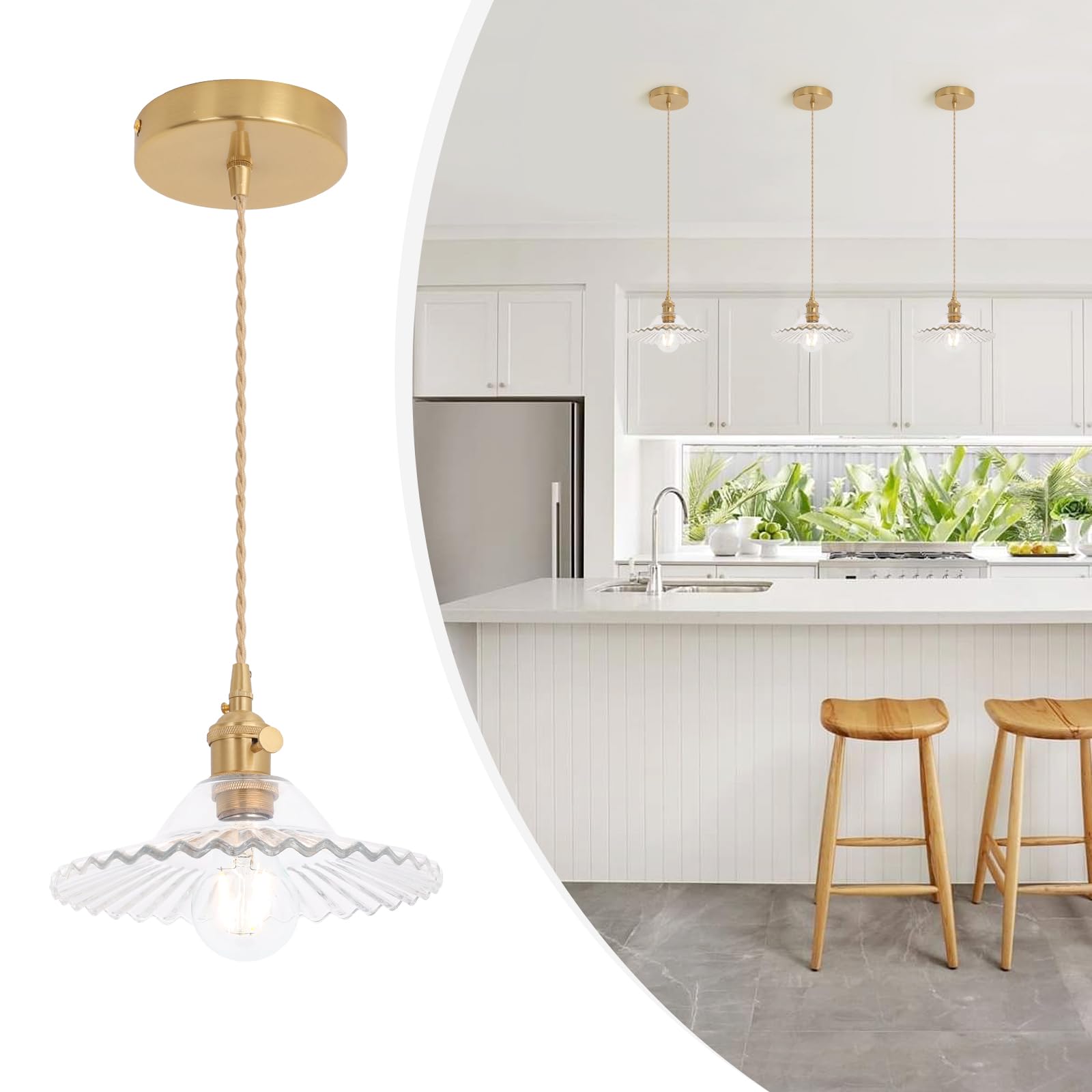 Pendant Light with White Pleated Ceramic Lmapshade, Brass Vintage Pendant Light Adjustable Hanging Light for Kitchen Island Dining Room Hallway 7.87 Inch Diam