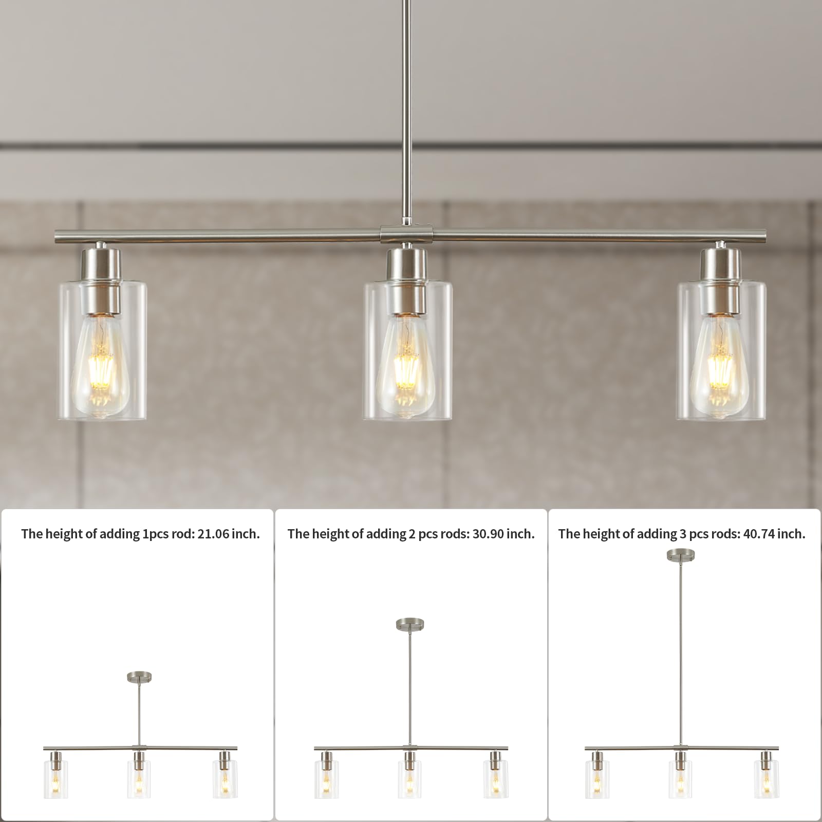 Kitchen Island Lighting,3 Lights Farmhouse Linear Chandeliers for Dining Room,Hanging Rectangle Pendant Light Fixtures with Glass Shades,Black Island Lights for Kitchen Ceiling