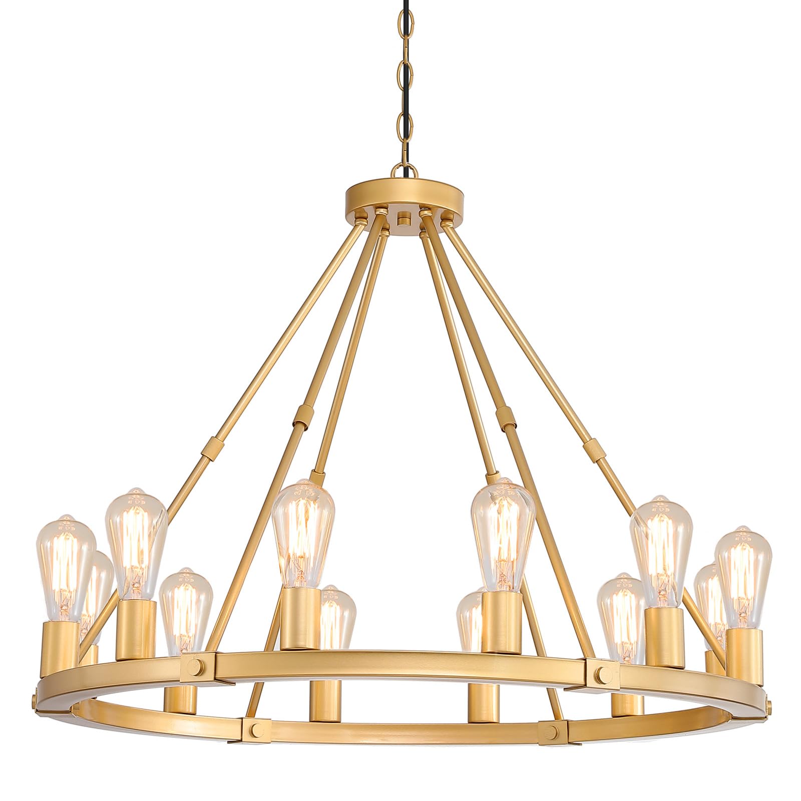 Gold Wagon Wheel Chandelier, 12-Light Industrial Pendant Light, 31.5'' Farmhouse Ceiling Hanging Chandelier Light Fixture for Living Room, Bedroom, Entryway, Foyer