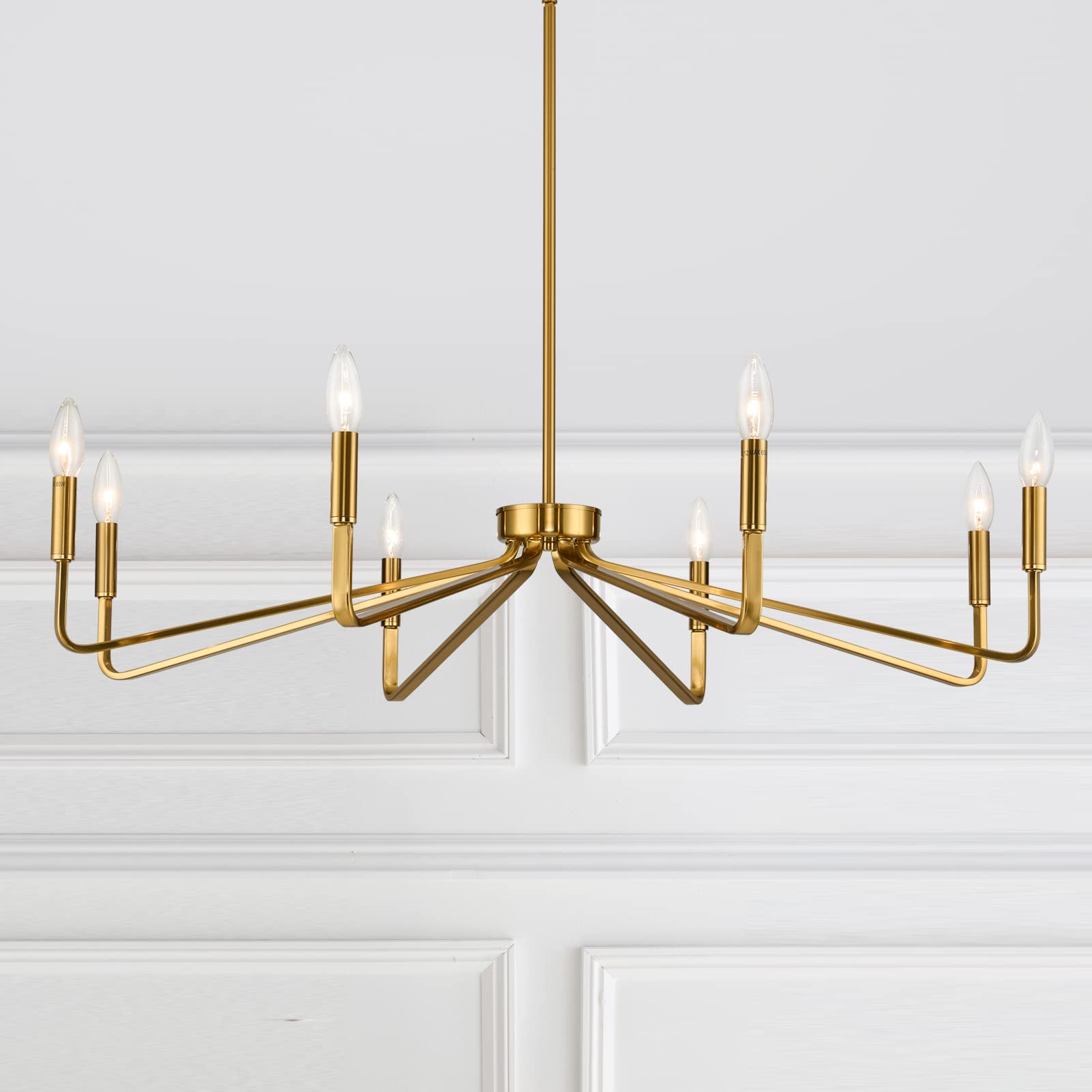 38" Gold Chandeliers for Dining Room, 8-Light Modern Farmhouse Chandelier Light Fixture, Brushed Brass Industrial Candle Lighting Hanging Ceiling for Living Room Bar Kitchen Island Lights