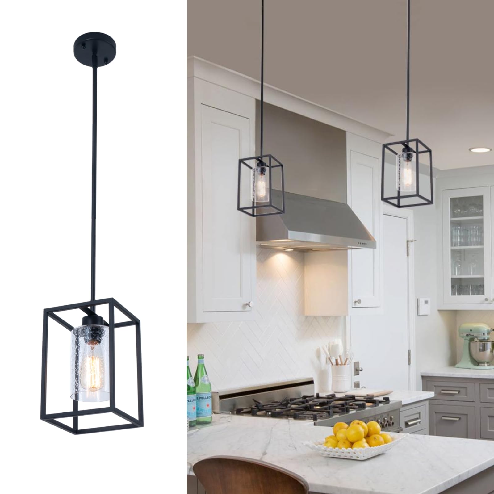 3-Light Black Pendant Light, Modern Farmhouse Seeded Glass Shade Cluster Chandelier Hanging Lamp Fixture for Dining Room Kitchen Island Entryway Black and Gold