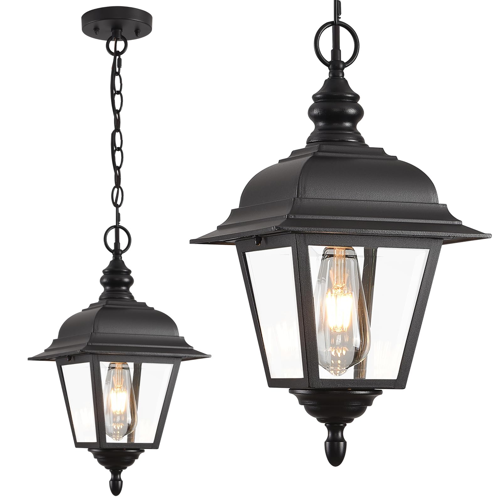 Large Outdoor Pendant Light, 3-Light Outdoor Chandelier, Retro Exterior Hanging Lantern, Hanging Outdoor Light Fixture for Porch, Seeded Glass Sheet with Matte Black Finish