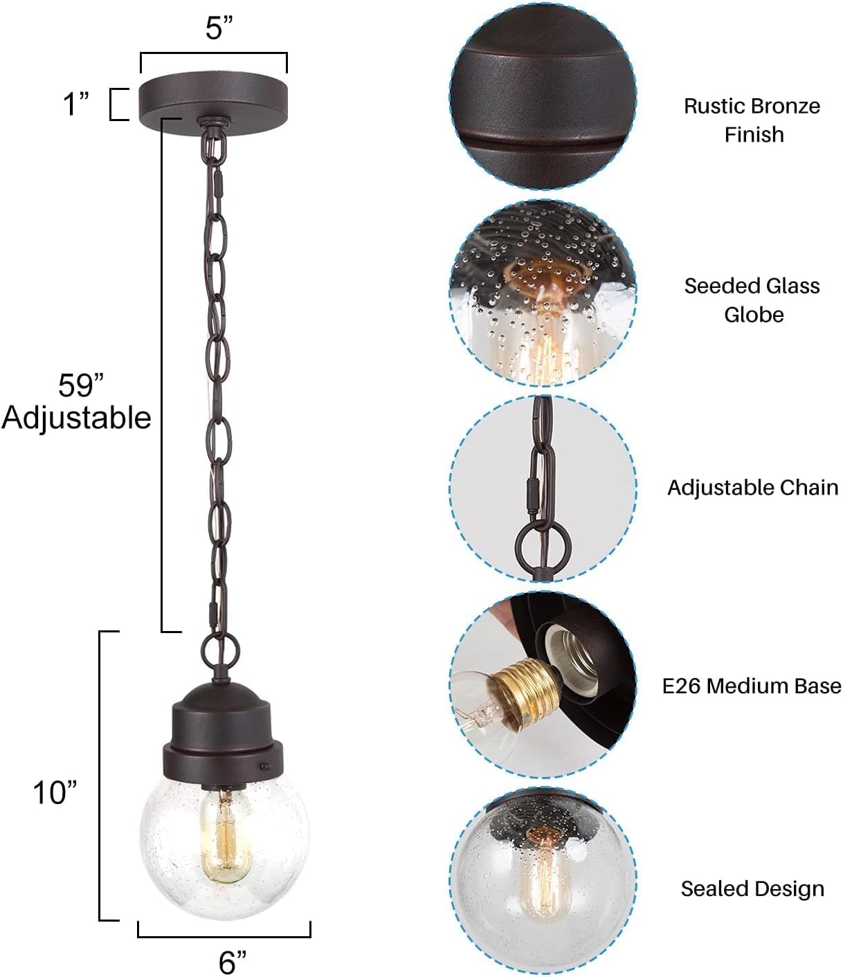 Outdoor Pendant Light Fixture, Farmhouse Exterior Globe Anti-Rust Hanging Lights with Adjustable Chain, Bronze Ceiling Outdoor Lantern Light with Seeded Glass for Front Door, Entry, Porch, and Gazebo