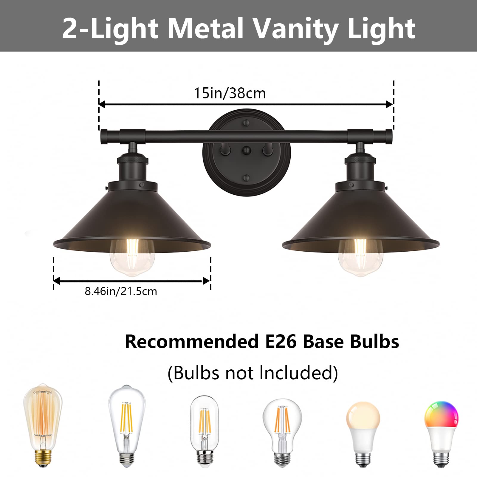 Black 2-Light Vanity Wall Sconce Lighting, Farmhouse Bathroom Wall Light Fixtures Over Mirror, Industrial Rustic Indoor Bathroom Vanity Lights for Cabinet Dressing Table Living Room