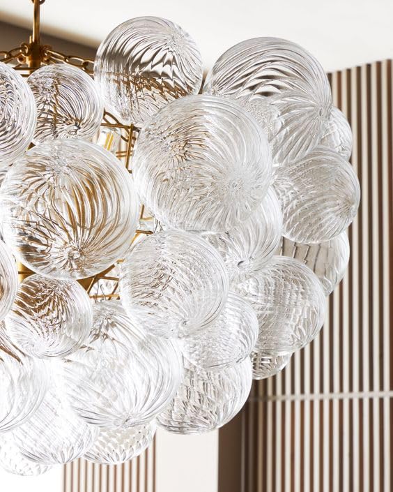 Semi Flush Mount Ceiling Bubble Ball Chandelier Lighting Dia 20 Inch Gold Clear Ribbed Blown Glass Chandeliers Ceiling Medallions Light Fixtures for Bedroom, Living Room, Entry, Bathroom