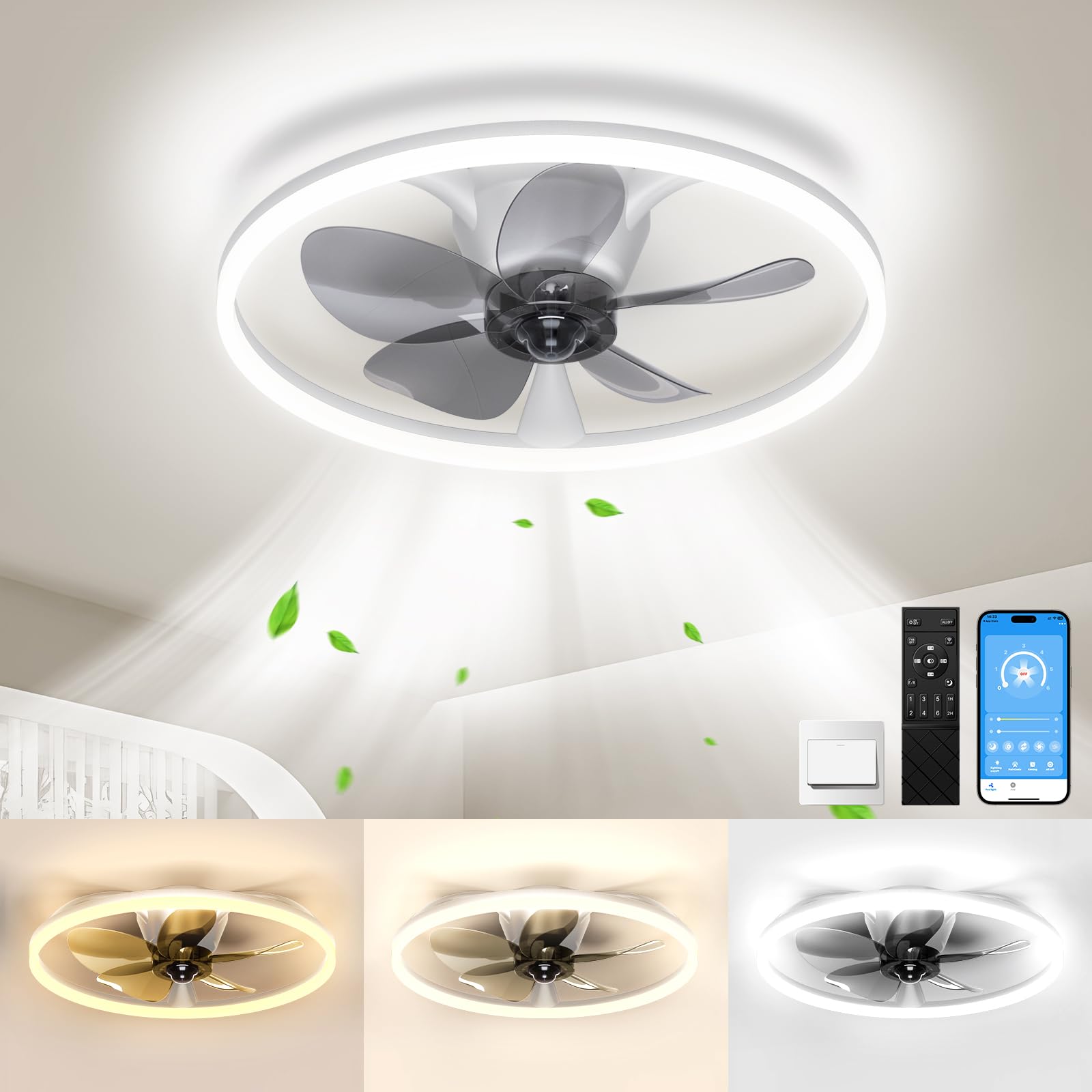 Ceiling Fans with Lights and Remote, 20'' Flush Mount Ceiling Fan of 150° Ultra Wide, Low Profile Ceiling Fan with 6 Speeds, 3000-6500K Dimmable Led for Bedroom Livingroom, Black