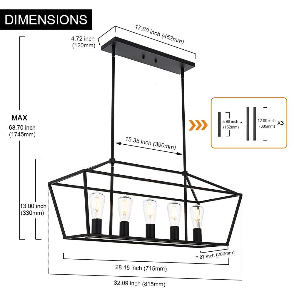 5 Light Modern Kitchen Island Light in Gold Finish,Industrial Hanging Pendant Lighting Fixture with Metal Frame Linear Lantern Chandelier for Dining Room Foyer Cafe Bar