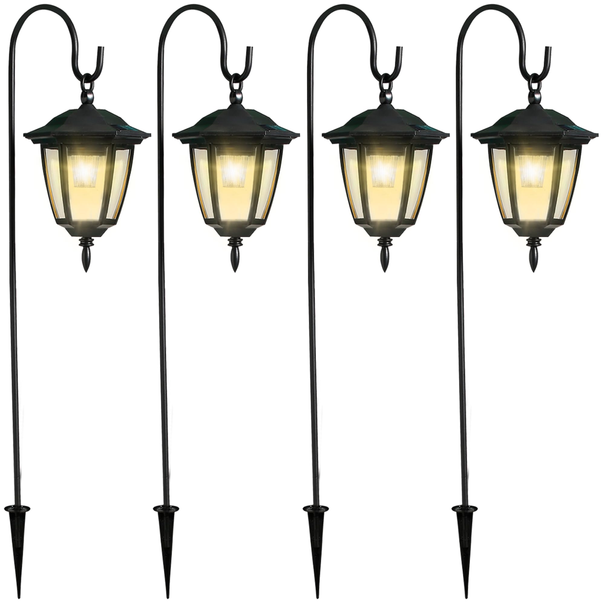 4 Pack Solar Hanging Lights Outdoor, Solar Powered Garden Decorative Lanterns with 4 x 38 Inch Shepherd Hooks, Waterproof Landscape Lighting for Lawn Patio Yard Pathway Driveway, Warm White