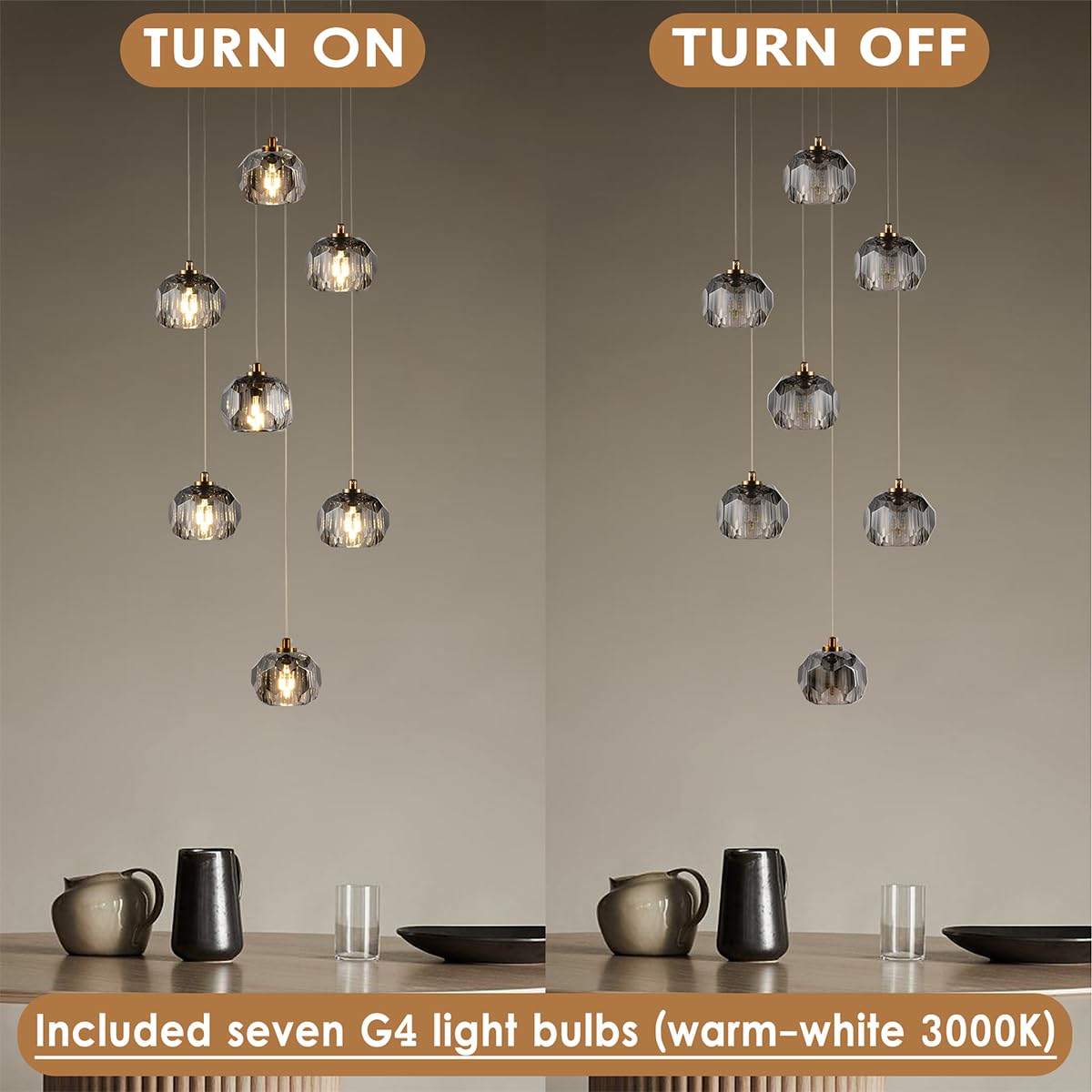 3-Light Prism Crystal Pendant Light, Modern Smoke Crystal Pendant Light Fixtures 9W, Triple Pendant Round Ceiling Pendant Lighting for Dining Room Kitchen Island