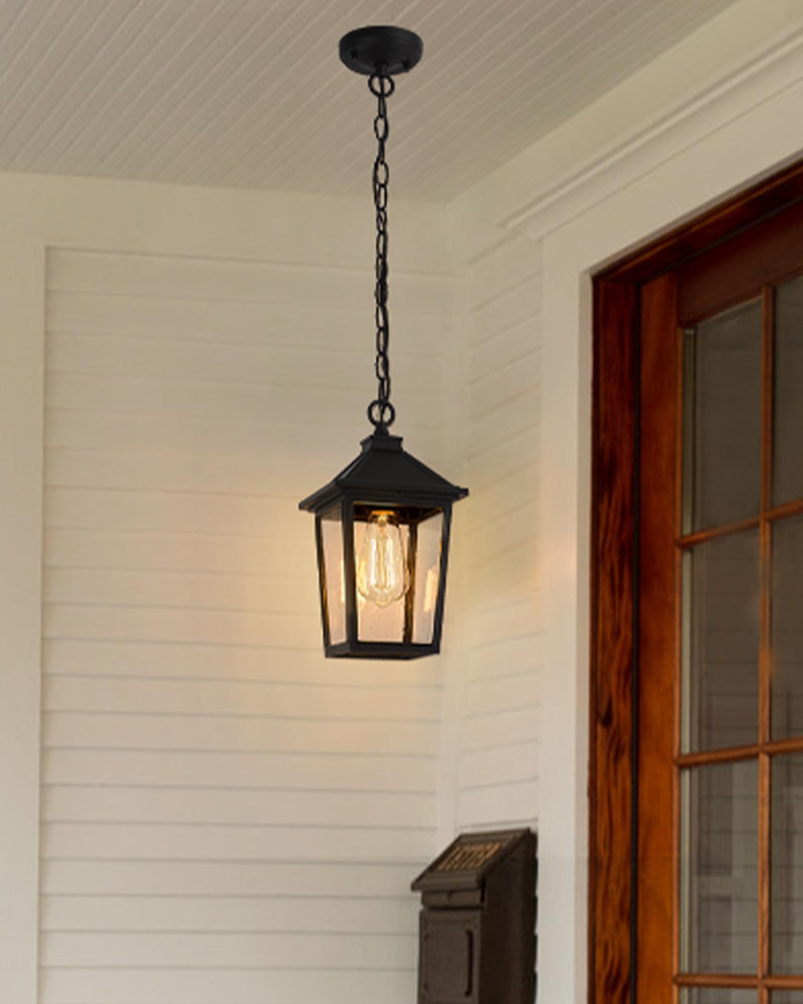 Outdoor Pendant Lights, HWH Farmhouse Exterior Hanging Porch Light, Outside Hanging Lantern with Height Adjustable Chain, Matte Black Finish with Seeded Glass, 5HX64H BK