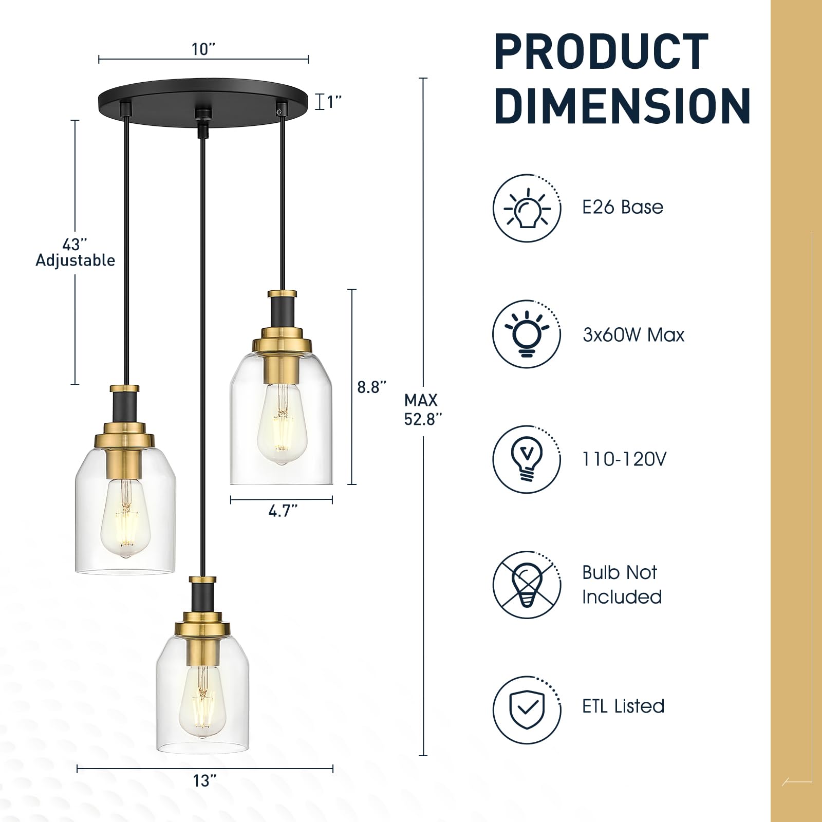 zeyu 3-Light Pendant Light Fixture, Modern Cluster Pendant Lighting, Hanging Light Fixture for Kitchen Island, Clear Glass Shade, Black and Gold Finish, ZG33-3 BK+BG