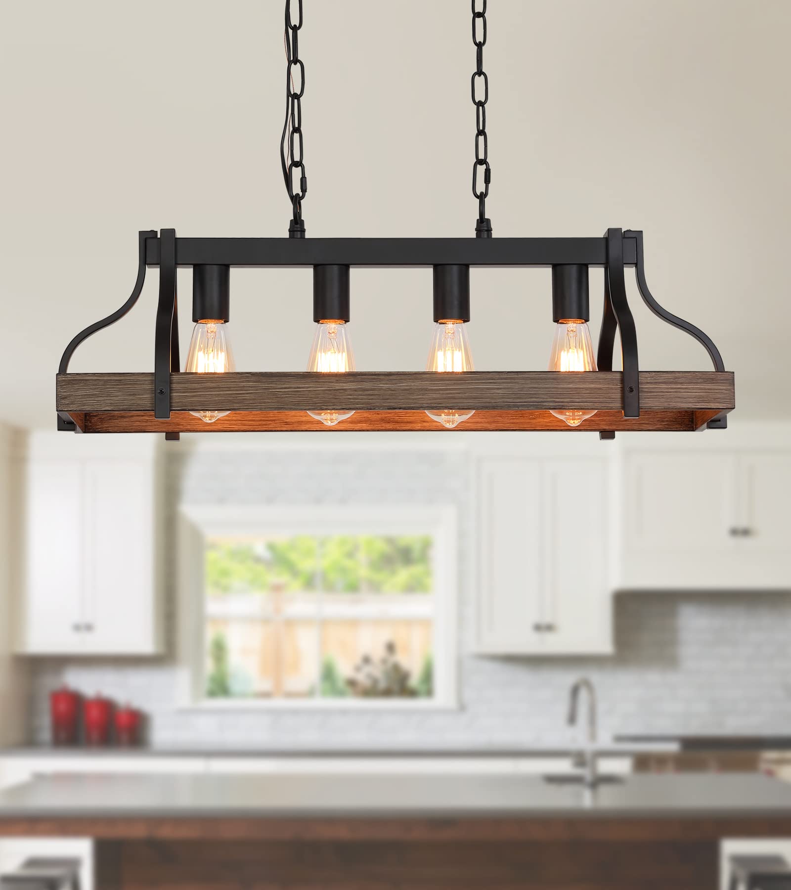 Rustic Kitchen Island Dining Room Light Fixture Farmhouse Linear Chandelier Black and Retro Wood Finish 5-Light Industrial Metal Hanging Pendant Light UL Listed L33.5 W10.6