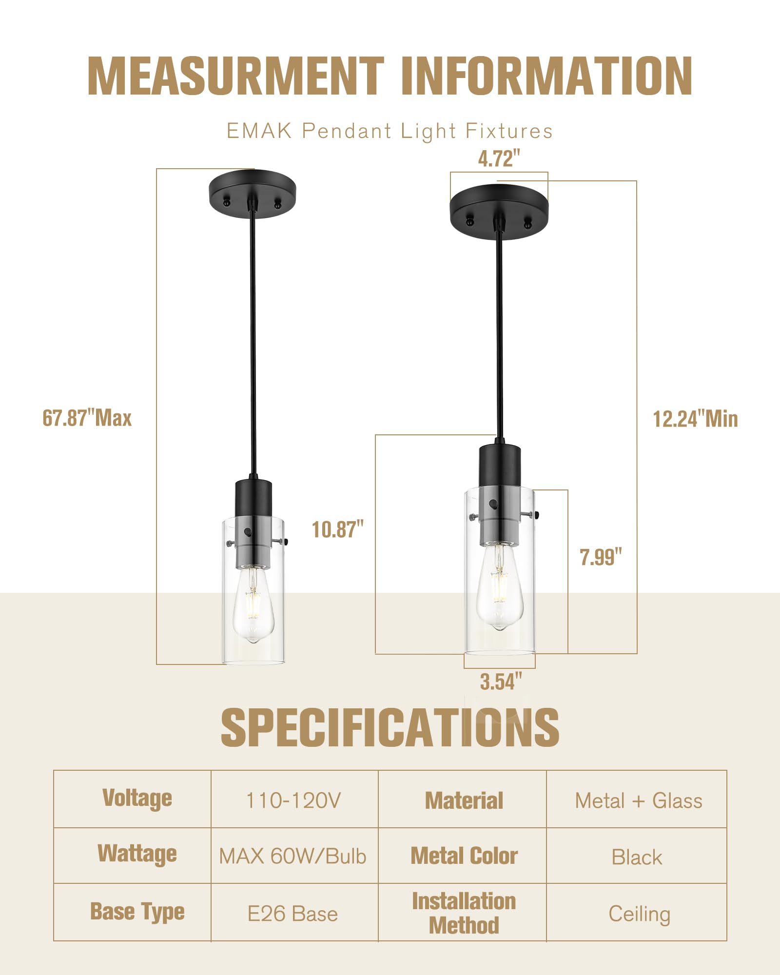 Emak Gold Pendant Light Fixtures, 3-Light Pendant Lights with Clear Glass Shade, Modern Farmhouse Hanging Lights for Kitchen Island, Dining Room, Bathroom, Bedroom, PL120-GD-CL