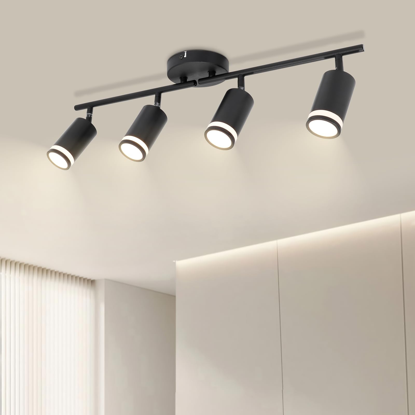 4-Light Track Lighting - Black 4 Way Ceiling Spot Lighting with Rotatable & Detachable GU10 Light Head - Flush Mount Modern LED Track Light Kit for Kitchen Cabinet Gallery Bar Office