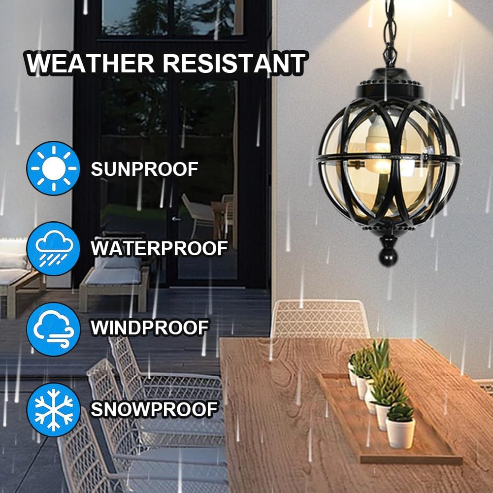 Vintage Ceiling Pendant Light Outdoor Waterproof Hanging Light For Porch, Lantern Glass Aluminum Exterior Retro Chandelier For Porch Patio Farmhouse Entryway (27cm/10.6")