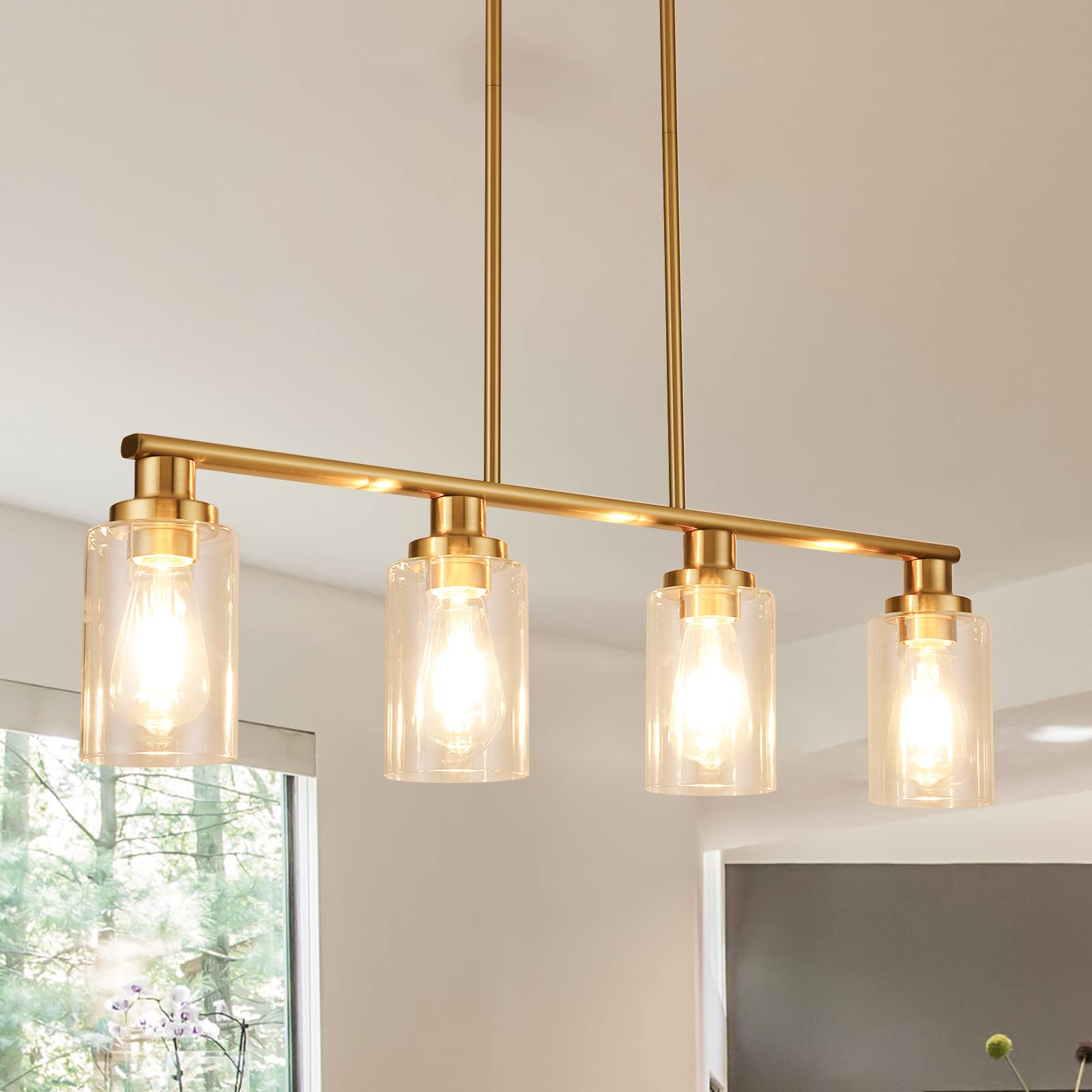 Kitchen Island Lighting, 4-Light Dining Room Light Fixtures Over Table, Gold Linear Chandelier for Dining Room Hanging,Pendant Lights Kitchen Island,with Clear Glass Shade,Height Adjustable