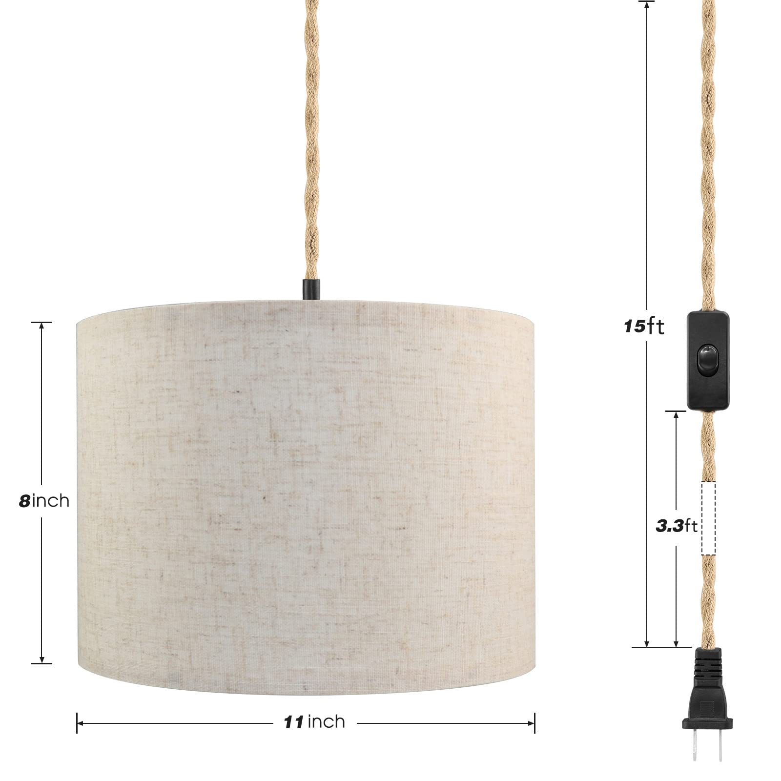 Plug in Pendant Light, Hanging Light with Plug in Cord with Dimmable Switch, Hanging Lamp with 15ft Hemp Rope, Beige Linen Shade, Hanging Light Fixture for Bedroom, Living Room 2 Pack