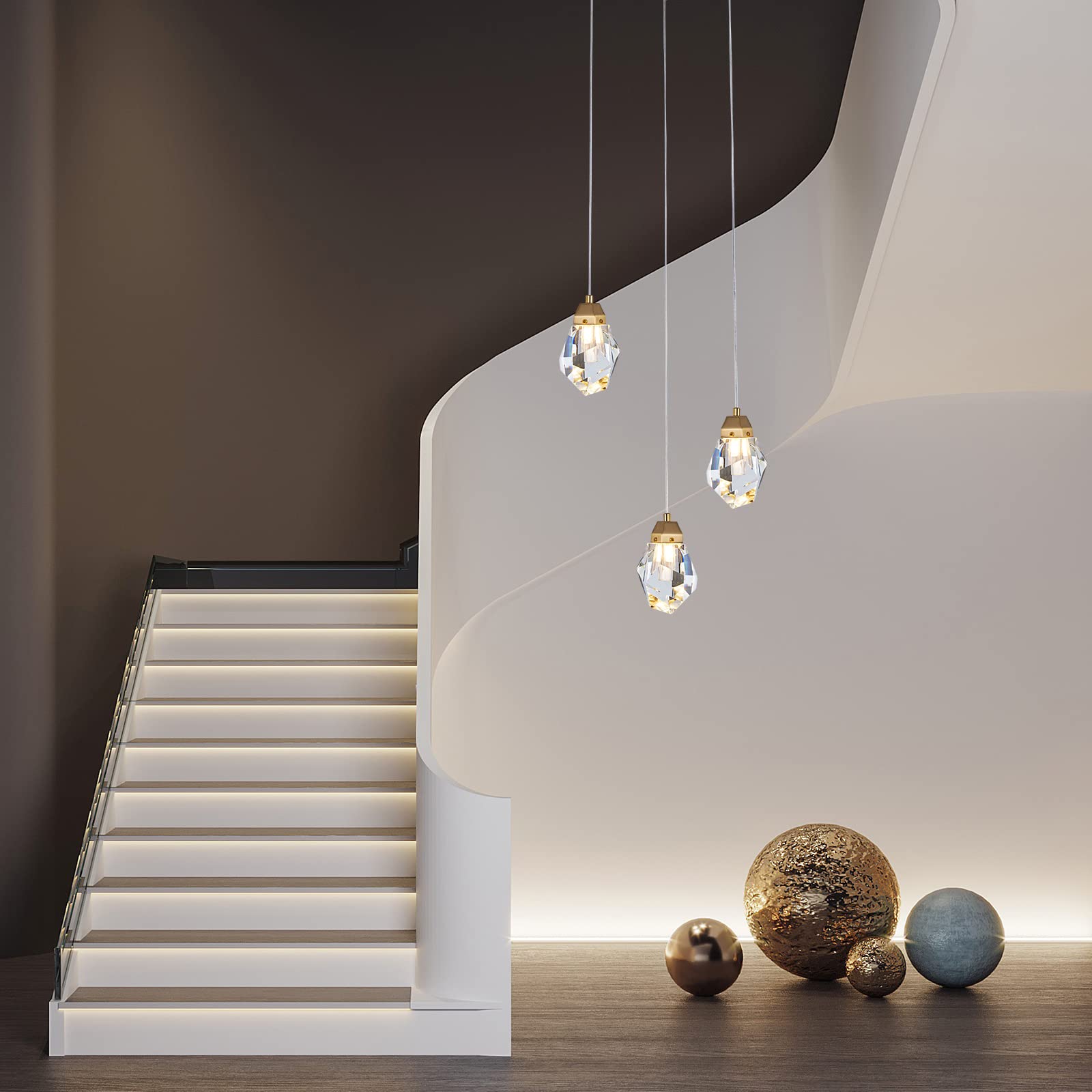 3 Lights Crystal Pendant Light Modern Cluster Chandelier - Dimmable LED Pendant Light Fixture with Brass Teardrop Design - Stylish Lighting for Kitchen Island, Dining Room, Hallway, Bathroom