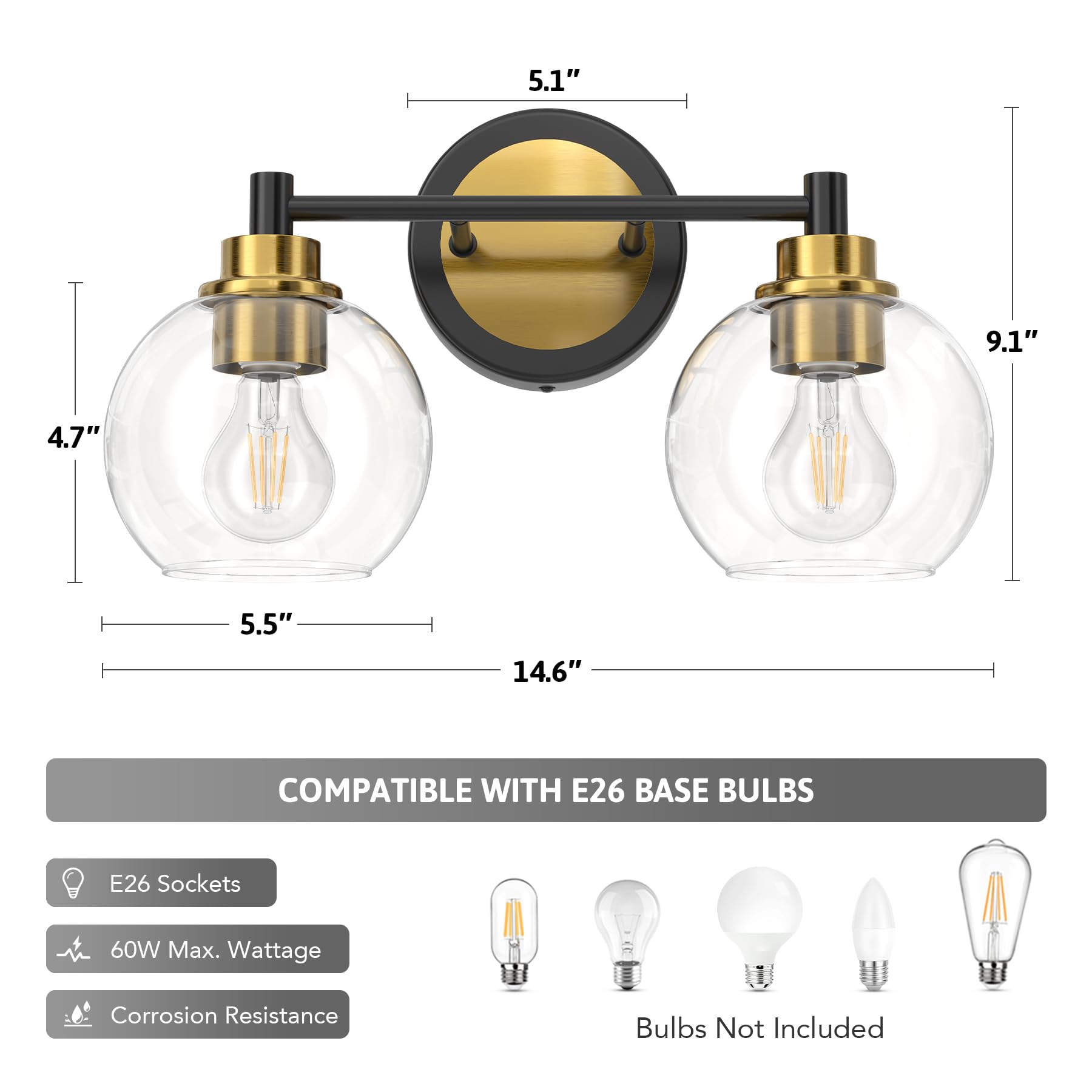 Bathroom Light Fixtures, 2-Light Bathroom Vanity Light with Globe Glass Shades E26 Sockets, Bathroom Lights Over Mirror for Bedroom Hallway Living Room, Gold Finish