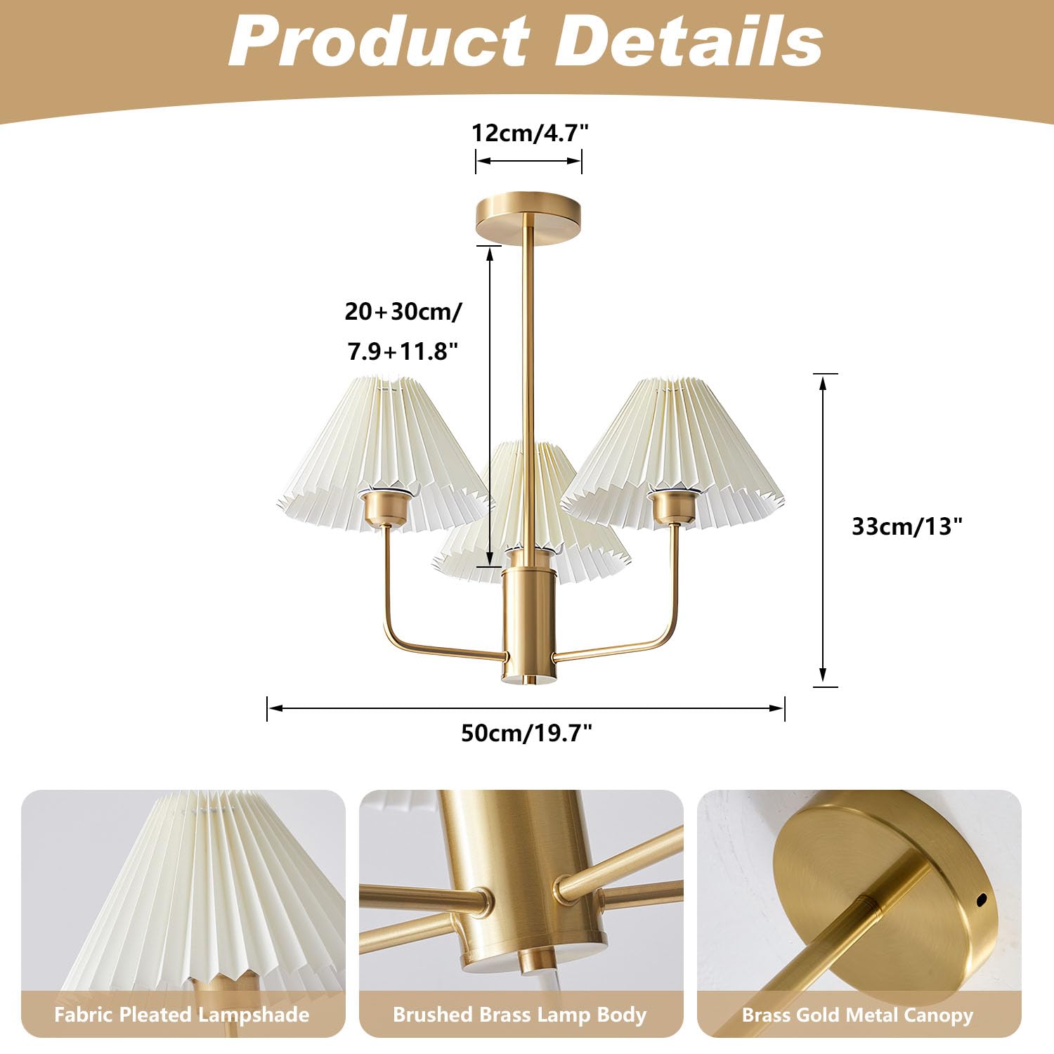 Lighting 3-Lights Pleated Chandelier White Fabric Pendant Light Fixtures Mid Century Modern Gold Sputnik Chandelier Vintage Classic Chandeliers for Dining Room Bedroom