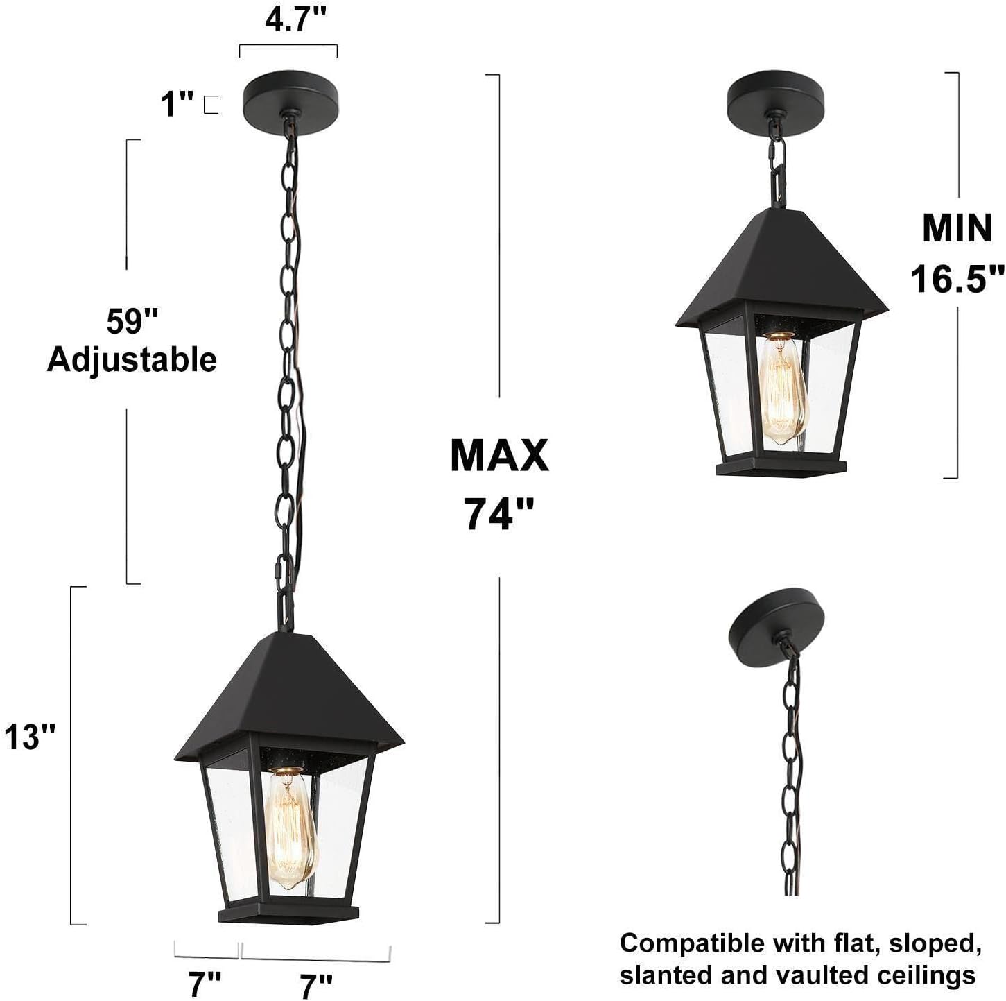 Outdoor Pendant Light for Porch, Black Outdoor Pendant Hanging Light with Seeded Glass Waterproof Exterior Light Fixture for House, Patio, Yard