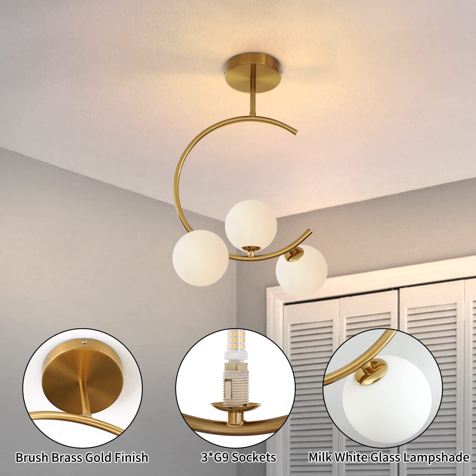 Modern Semi Flush Mount Ceiling Light - Easric Gold Ceiling Light Fixture Mid Century Light Fixtures Ceiling Mount with 3 Frosted Glass Lampshade Globe Ceiling Lamp for Hallway Kitchen Bedroom