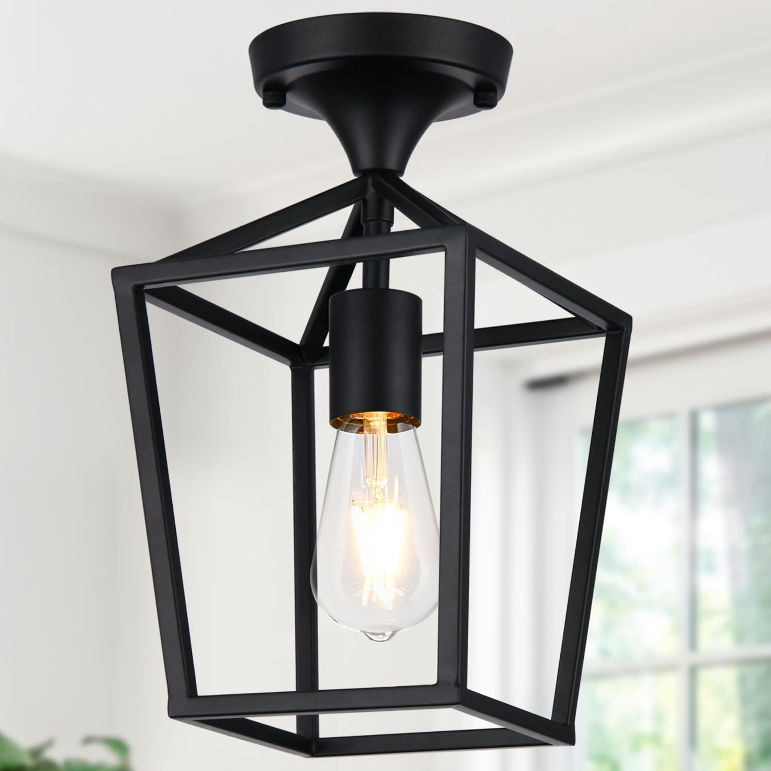 Semi Flush Mount Ceiling Light, Black Industrial Ceiling Light Fixtures, Farmhouse Light Fixture for Entryway Porch Hallway Stairway Garage Living Room Dining Room Balcony