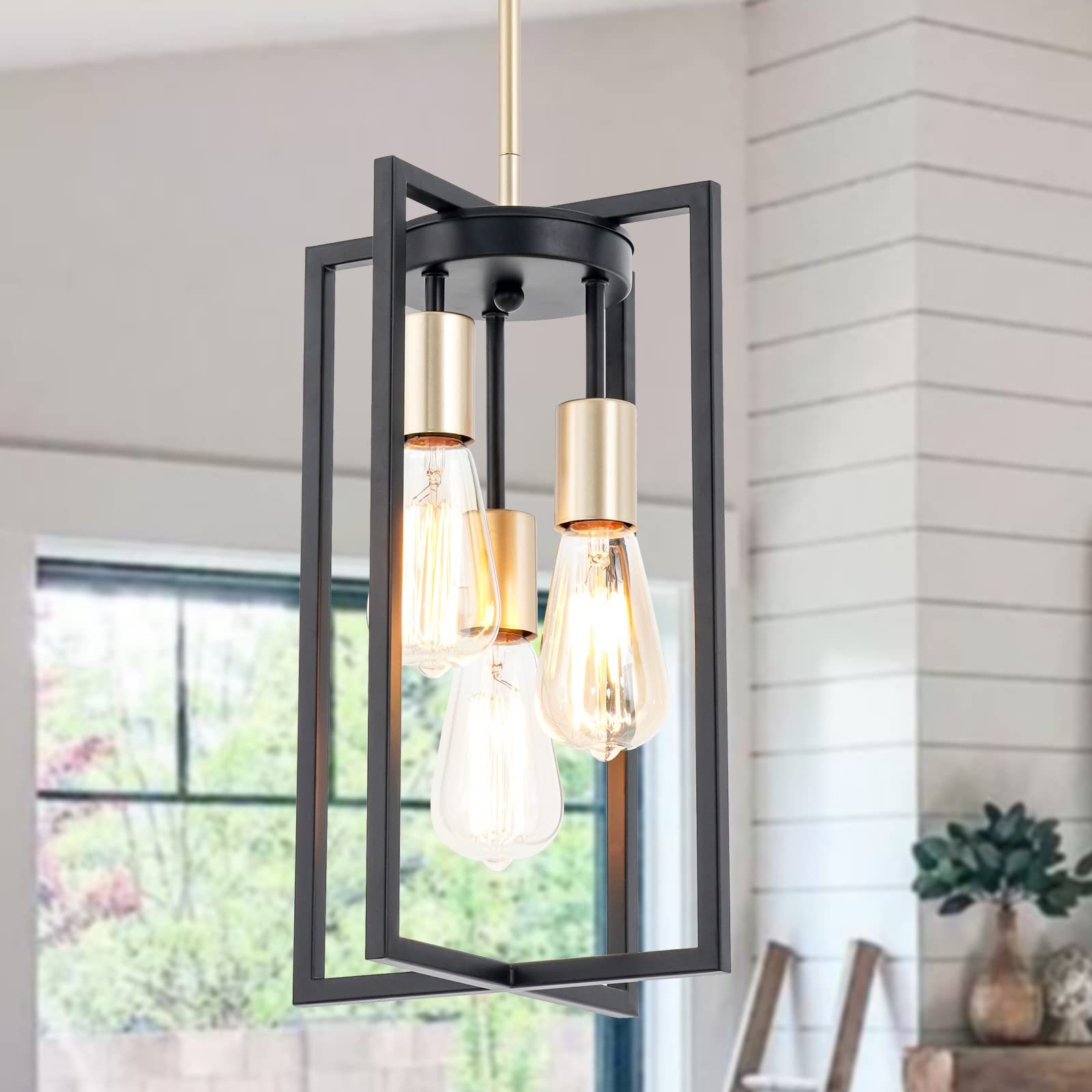 Industrial Lantern Chandelier, 4-Light Modern Geometric Semi Flush Mount Ceiling Light Fixture, Black & Champagne Gold Farmhouse Pendant Lighting Fixtures for Living Room Kitchen Island Hallway Foyer