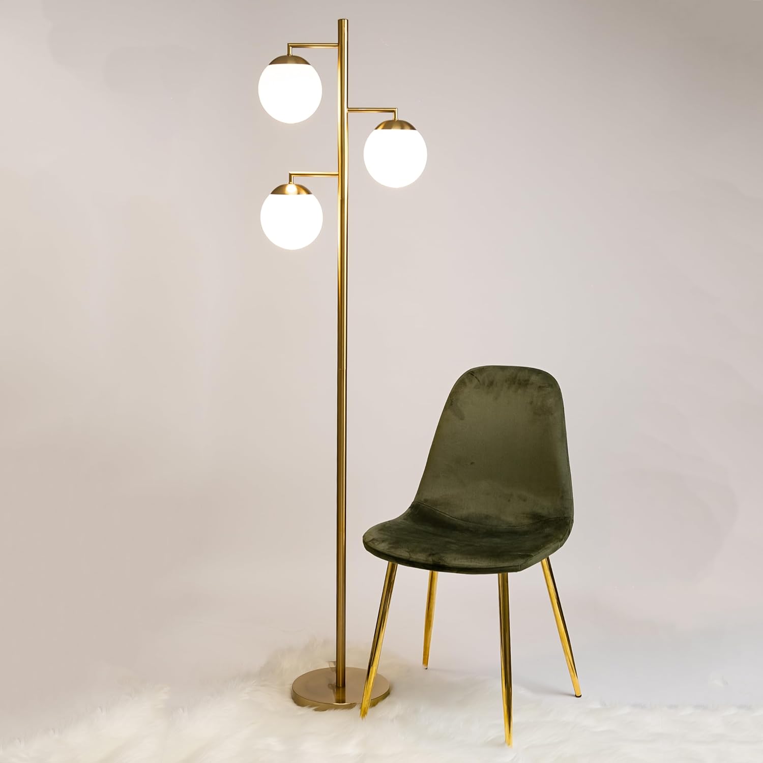 Cosmic Glow Floor Lamp, Contemporary Modern LED Standing Tall Pole Lamp with 3 Globe Frosted Glass Shade for Bedroom, Living Room & Home Decor, UL Listed Warm 3000K - Brass Gold