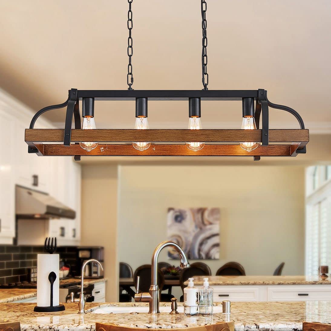 WUZUPS 5-Light Metal Chandelier Imitation Wood Grain Linear Pendant Ceiling Lighting Rustic Farmhouse Fixture Kitchen Island Dining Room, H 8.5" L 31.5" W10, E26 Base, Black & Antique White