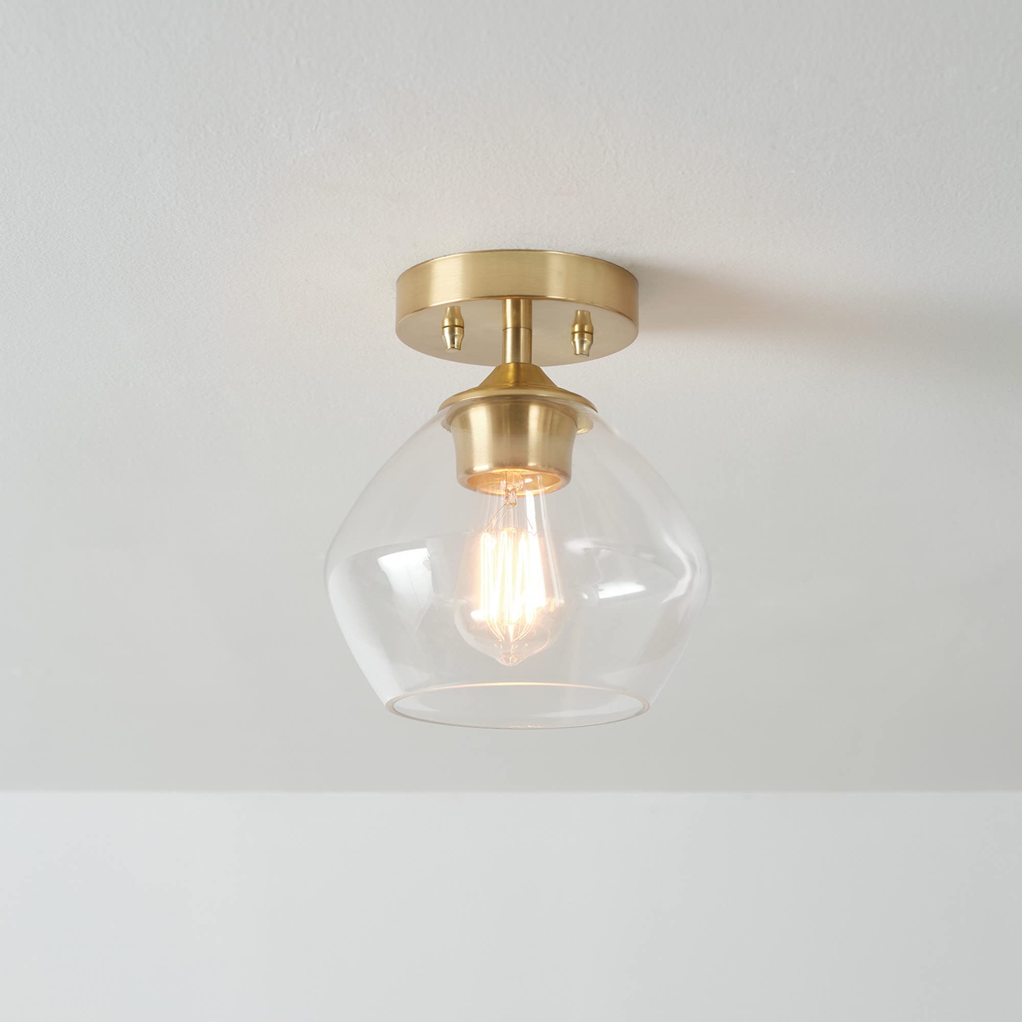 1-Light Semi-Flush Mount Ceiling Lighting, Matte Brass, Clear Glass Shade, Bulb Not Included