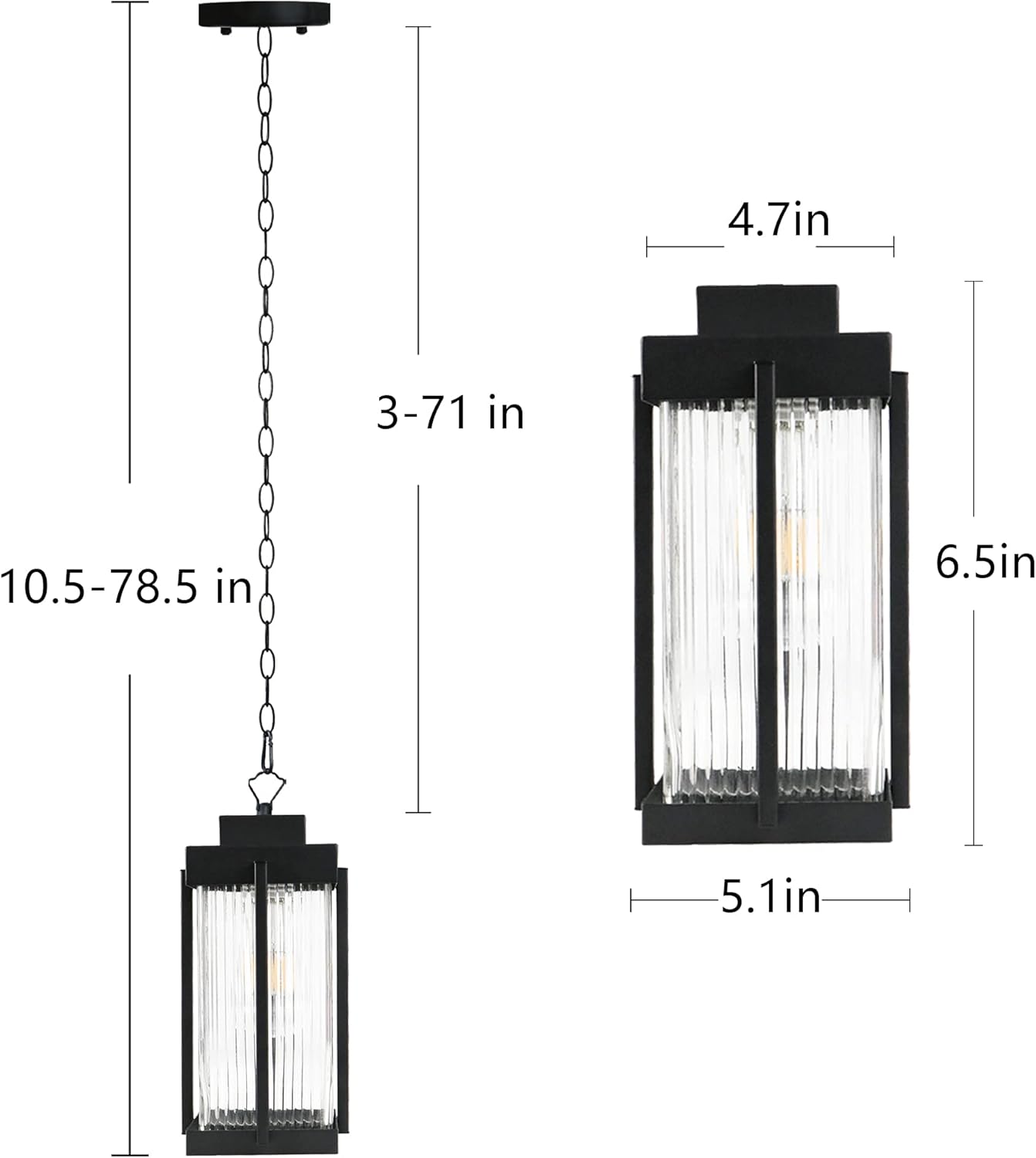 Modern Simple Black Outdoor Pendant Light with Striped Glass Lamp Shade for Porch, Adjustable Chain Outdoor Ceiling Light Fixture Waterproof Hanging Patio Light Fixture