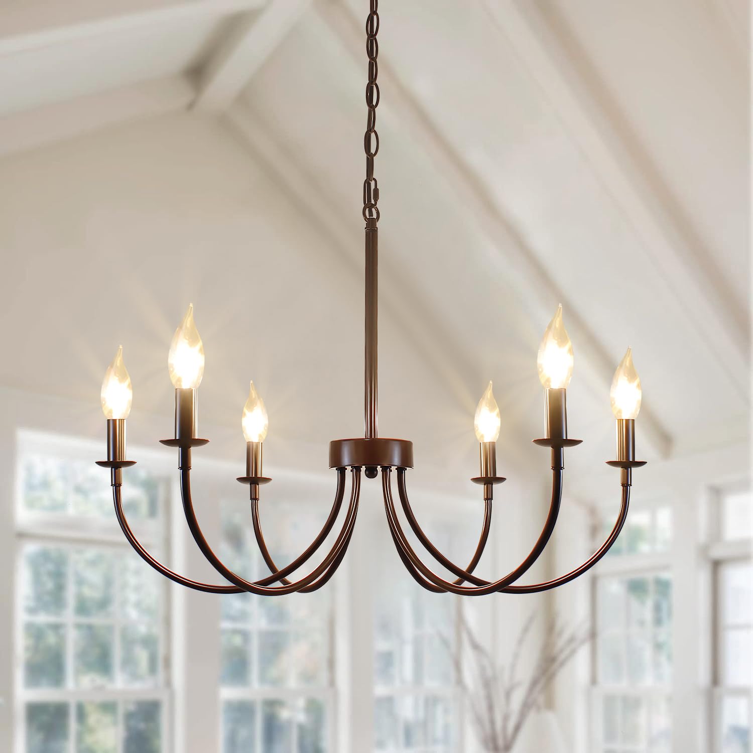 Chandelier, 6-Light Antique White Farmhouse Chandelier for Dining Room Lighting Fixtures Hanging, Candle Hanging Pendant Lights for Kitchen Living Room Bedroom Foyer