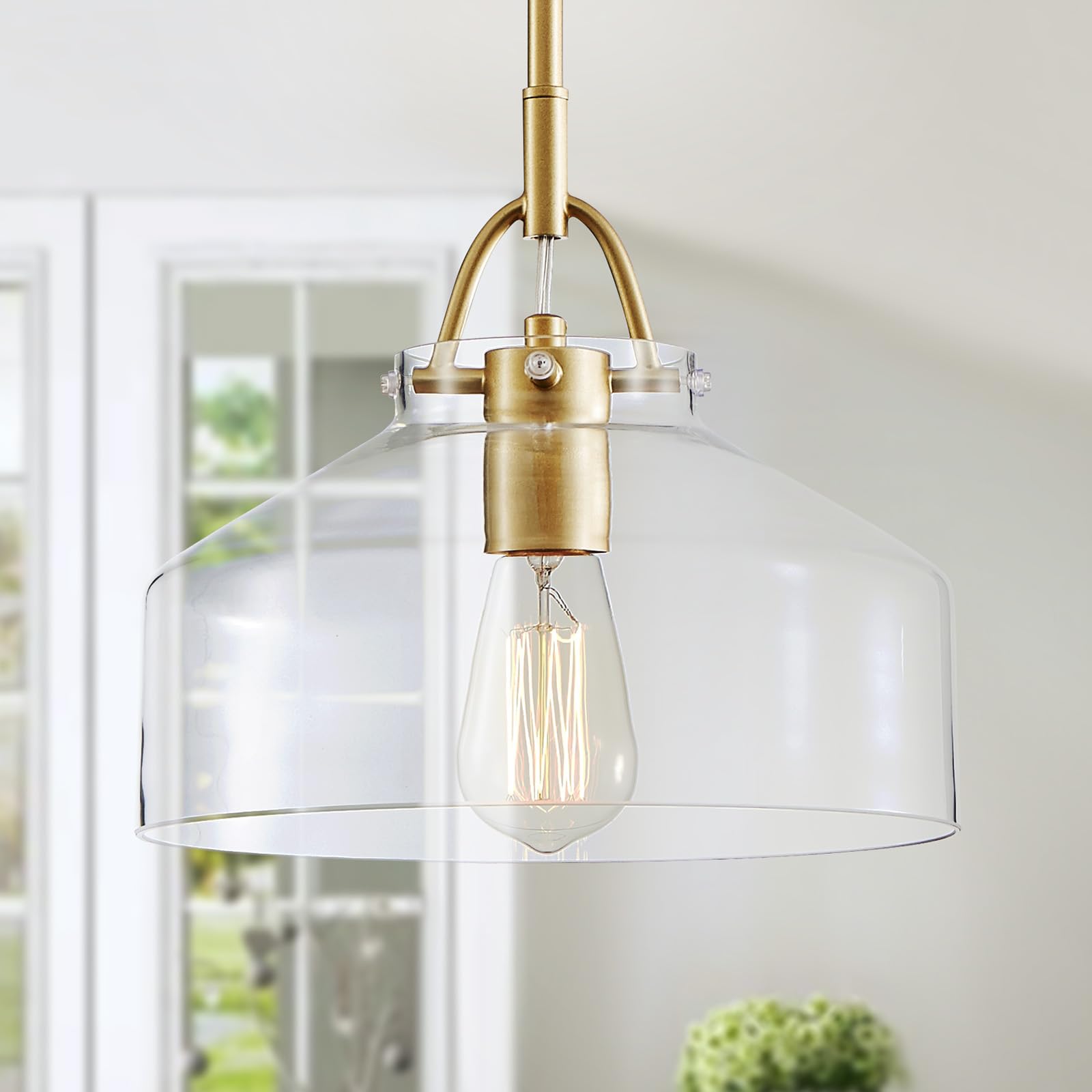 Chandelier Rustic Farmhouse Industrial Round Ceiling Pendant LED Light Fixture with Clear Glass Shades for Dining Room Kitchen Island Foyer Entryway, H 9.4" x W 10.6", E26 Base, Brushed Nickel