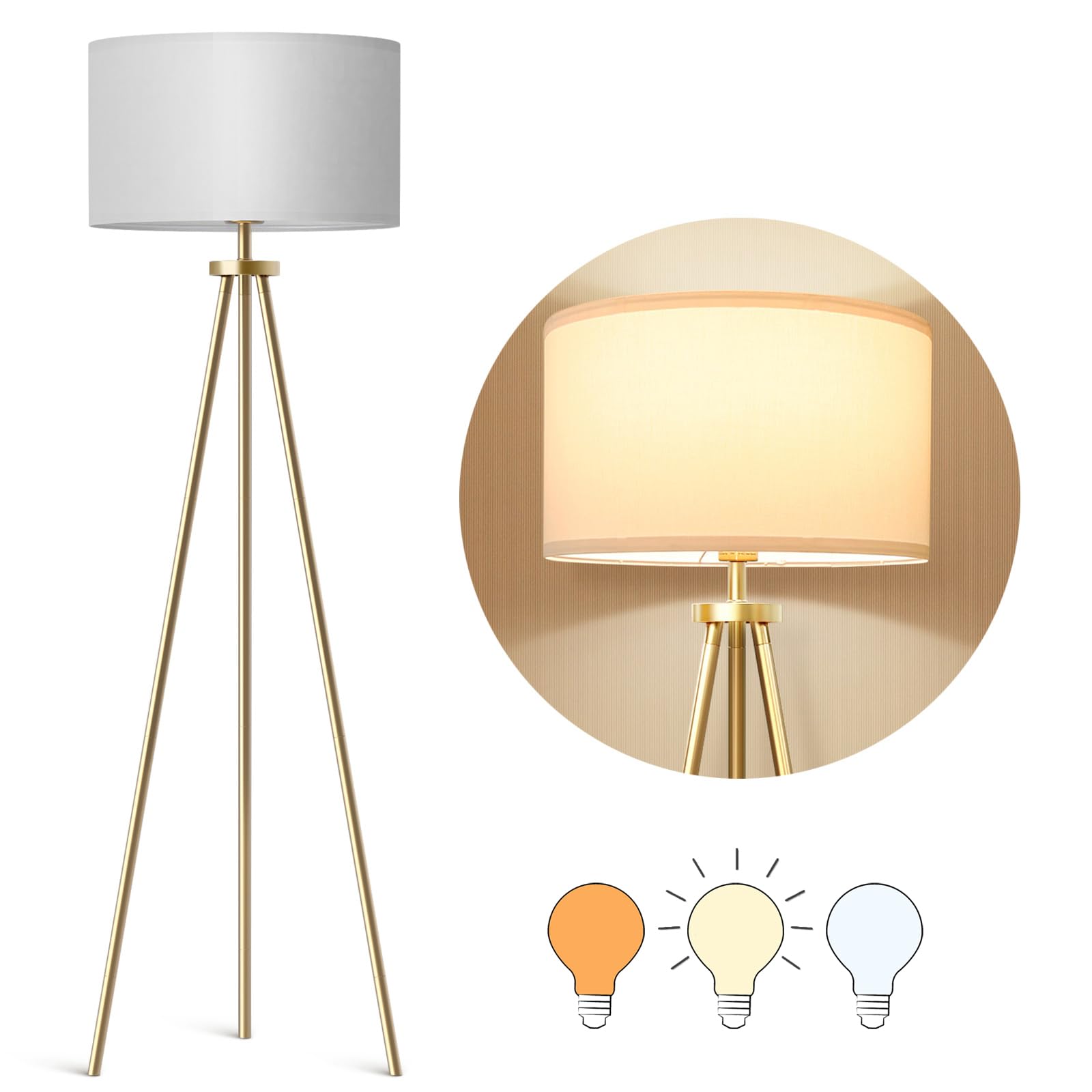 Tripod Floor Lamps for Living Room, Modern Standing Lamp with Drum Shade, Simple Industrial Tall Lamp, 9W LED Bulb Included - Brass