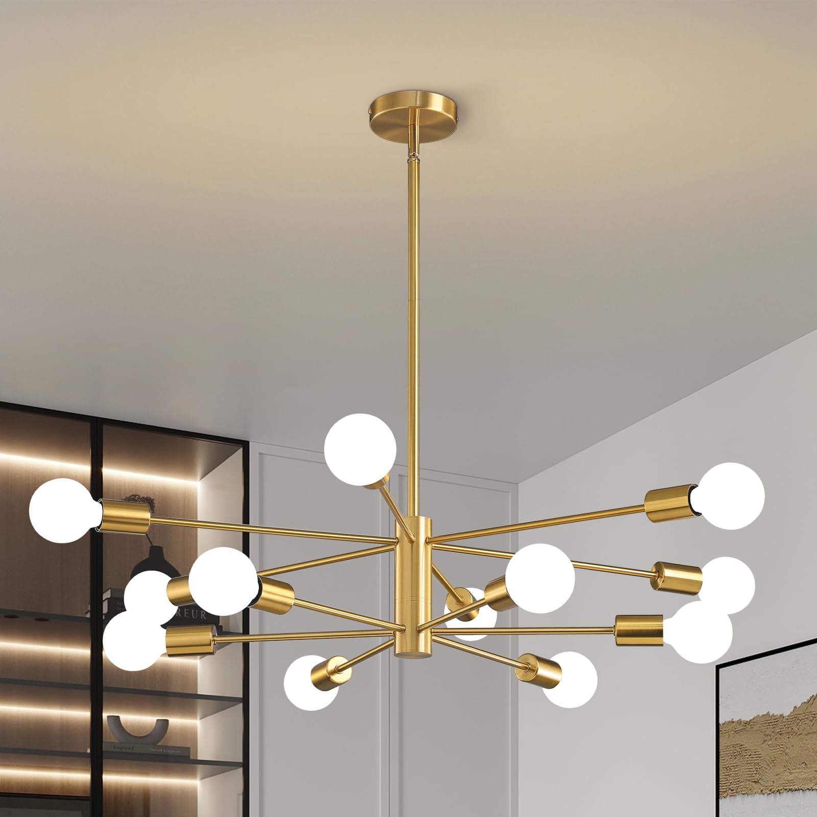 Sputnik Chandelier Modern Gold Chandelier 6-Light E26 Mid Century Ceiling Light Fixture Height Adjustable Hanging Pendant Lighting for Dining Room Kitchen Island Bedroom Office