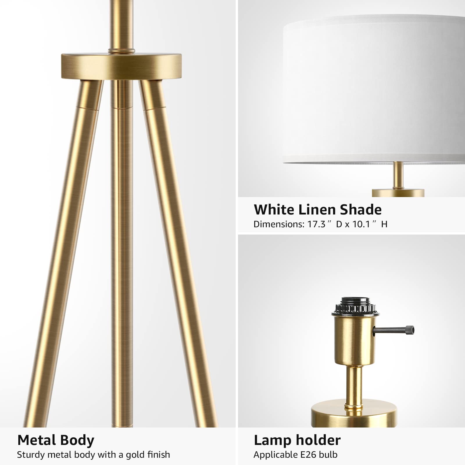 Tripod Floor Lamps for Living Room, Modern Standing Lamp with Drum Shade, Simple Industrial Tall Lamp, 9W LED Bulb Included - Brass