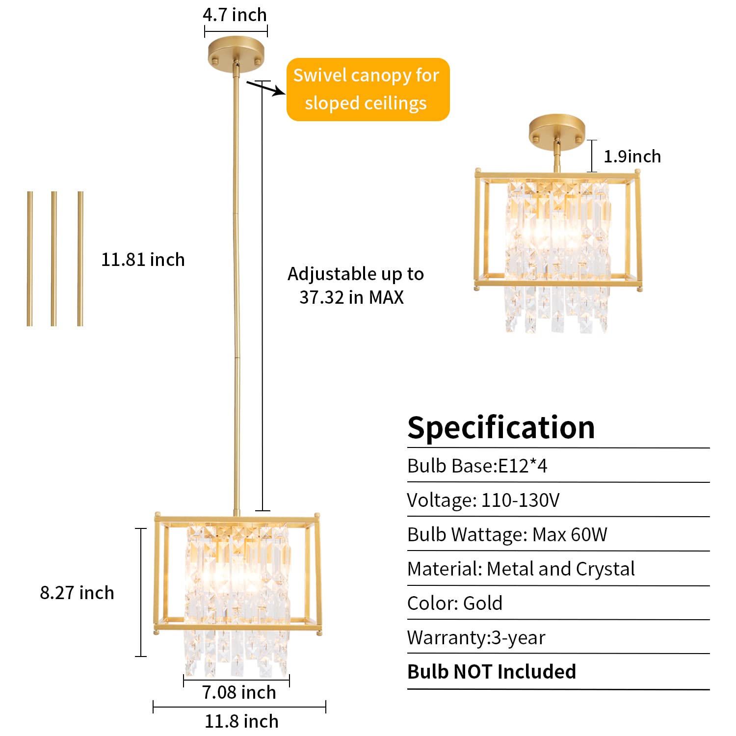 Gold Crystal Chandelier Industrial Pendant Light 11.81 inch Square 4 Lights Modern Vintage Semi Flush Mount Ceiling Light Fixture for Kitchen Island Dining Room Living Room Bedroom