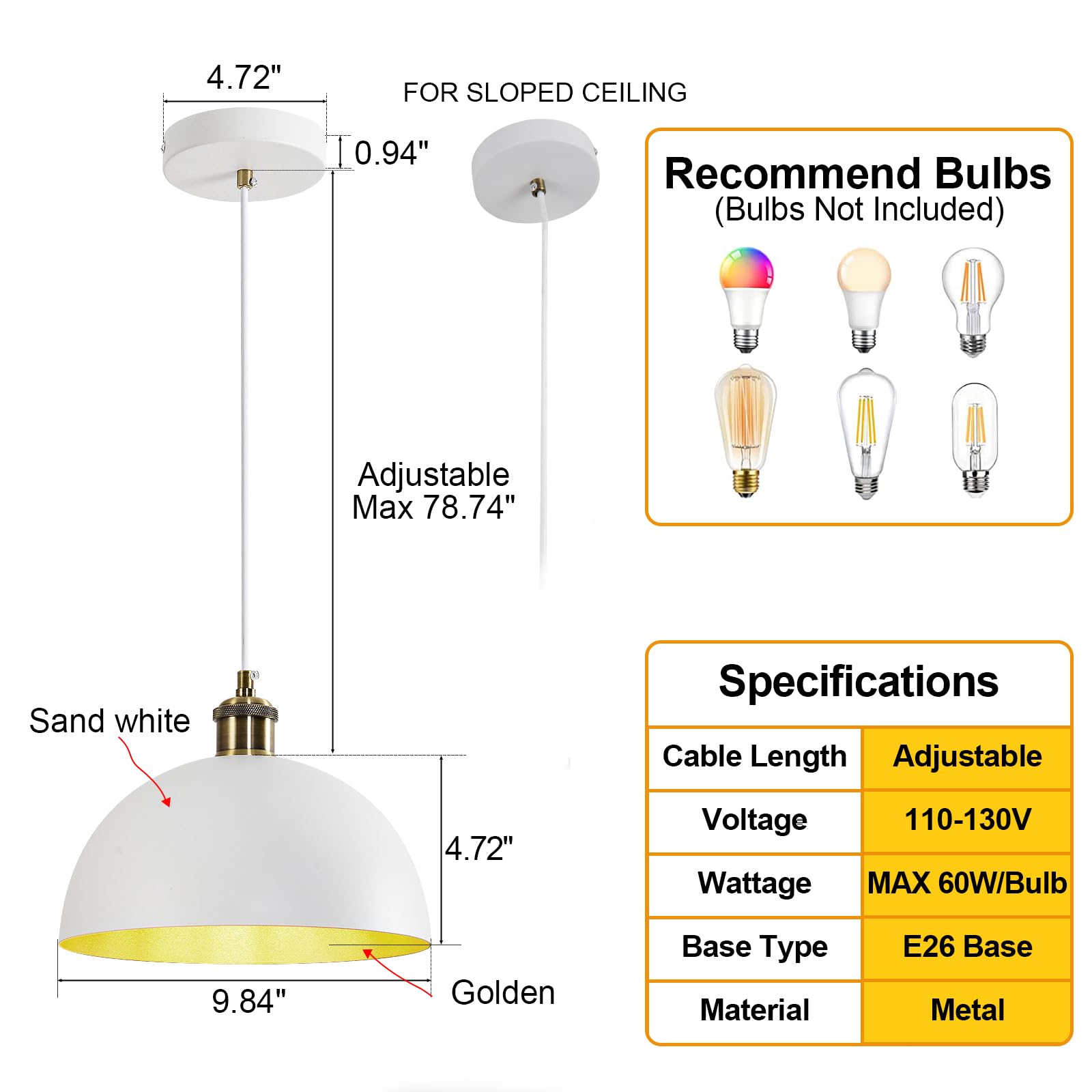 Modern Pendant Light,Farmhouse pendant light 17.72 "Farmhouse pendant light Industrial Large Dome Chandelier White and gold finish lighting fixture line length 78.74" Kitchen island, bedroom