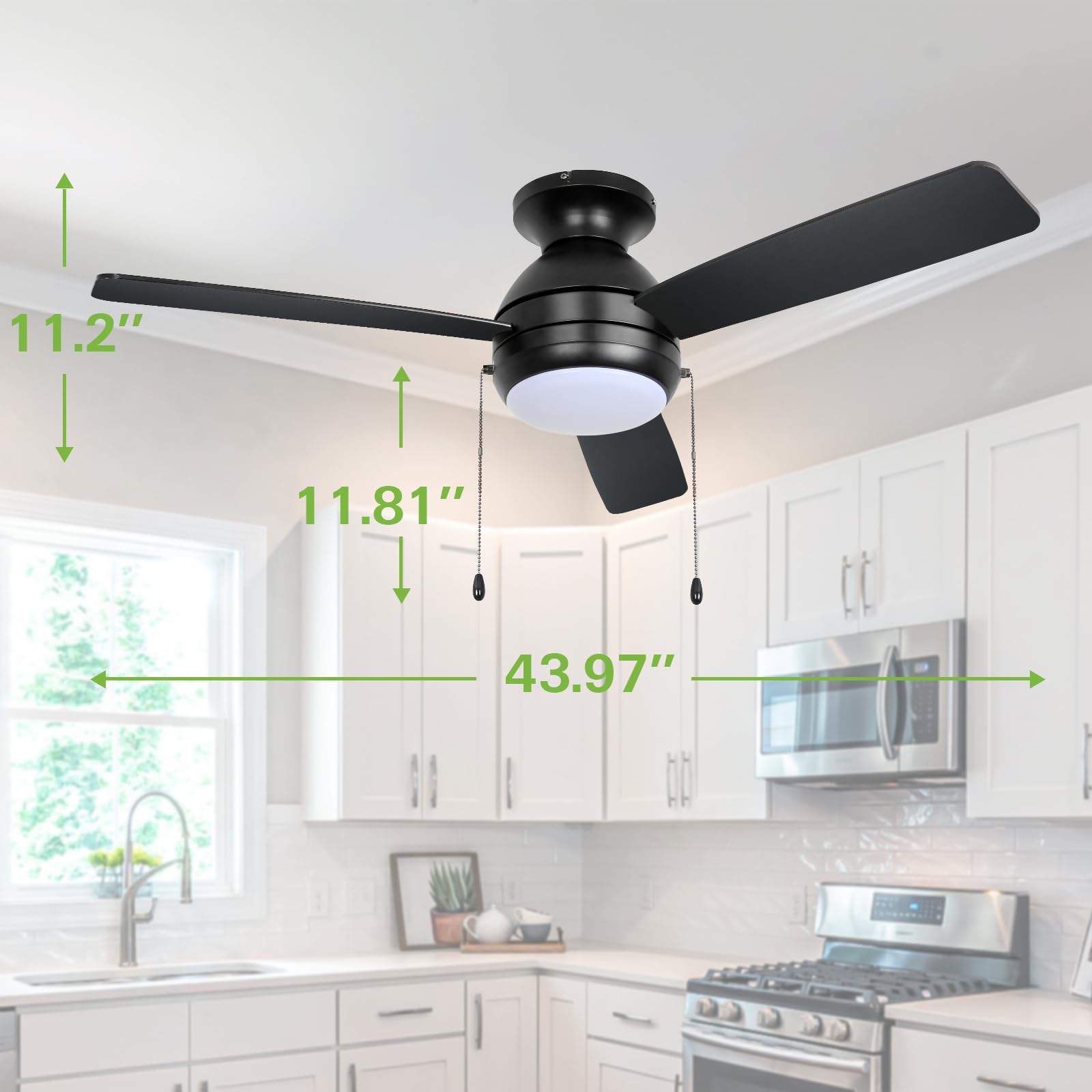 44 inch Flush Mount Ceiling Fan with LED Lights(3000K/4000K/6000K) Pull Chain, Noiseless Reversible Motor, Low Profile Ceiling Fan, 3 Speed, ETL Listed, Black