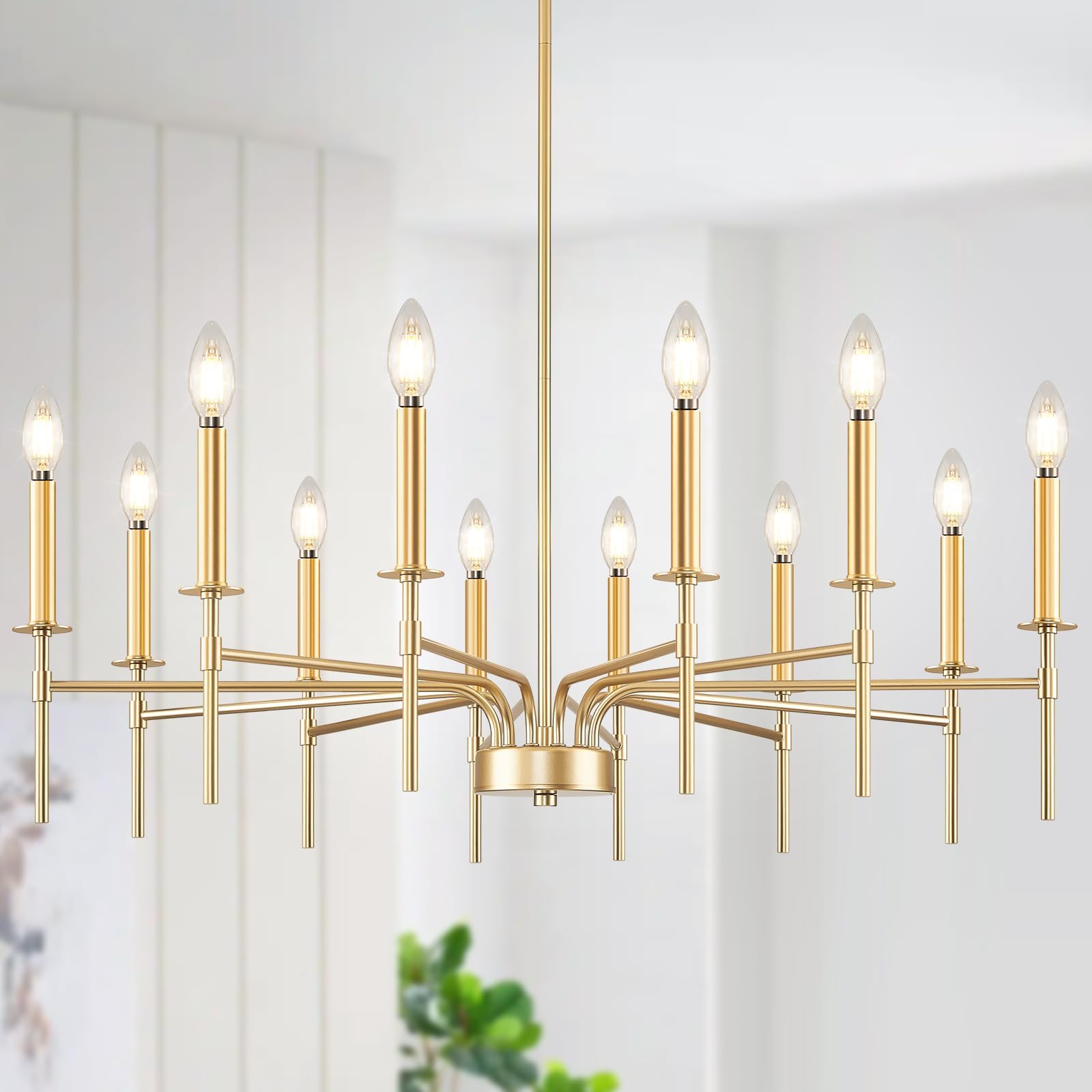 12 Light Gold Chandelier Light Fixture,Modern Farmhouse Chandeliers for Dining Room,Large Chandeliers for High Ceilings,Round Candle Chandelier for Foyer Entryway Stairway Living Room Bedroom