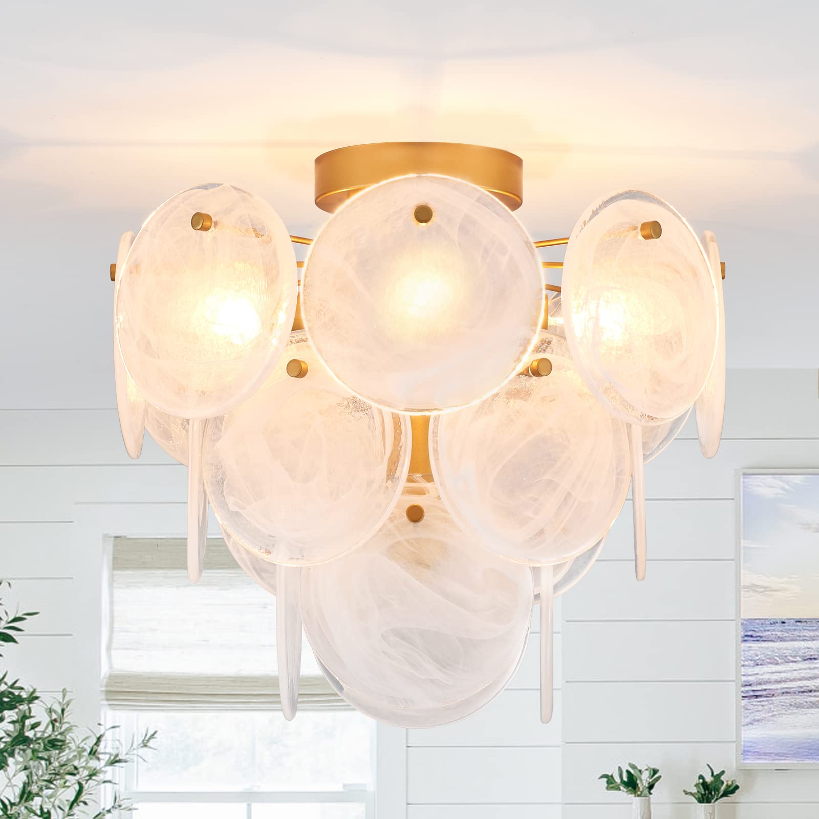 Modern Flush Mount Glass Ceiling Light, Gold Hallway Lights Vintage Chandelier, 4-Light Unique Light Fixture for Bedroom Entryway Loft Kitchen Laundry Bathroom Farmhouse