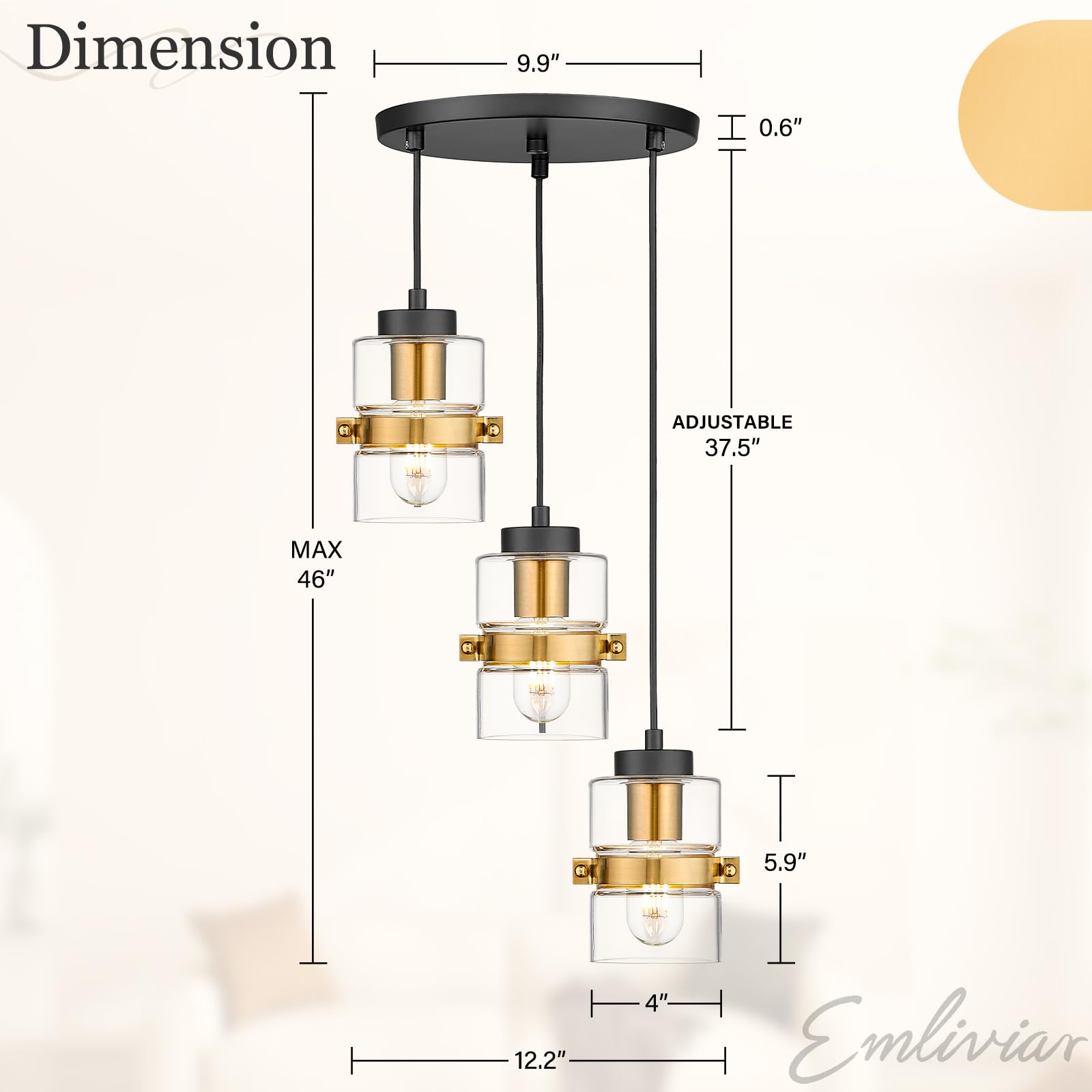 3-Light Cluster Pendant Light, Adjustable Hanging Lighting with Clear Glass, Foyer Chandeliers in Black and Gold Finish, YE282-3 BK+BG