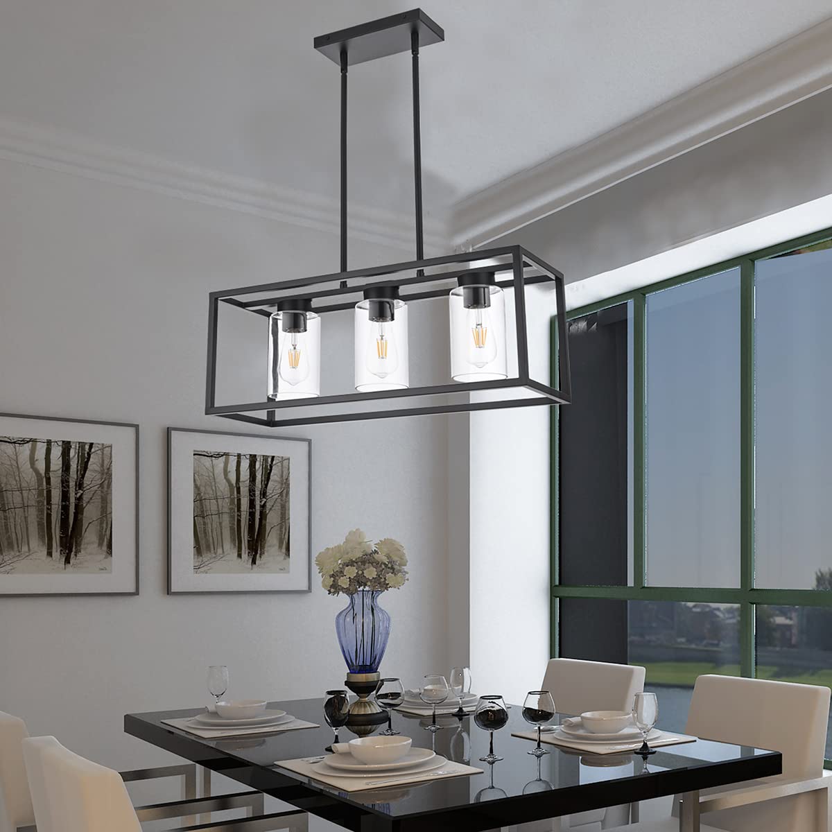 Farmhouse Chandelier for Kitchen Island, Matte Black 5-Light Dining Room Lighting Fixtures, Modern Rectangular Pendant Lighting Chandelier with Clear Glass Shade