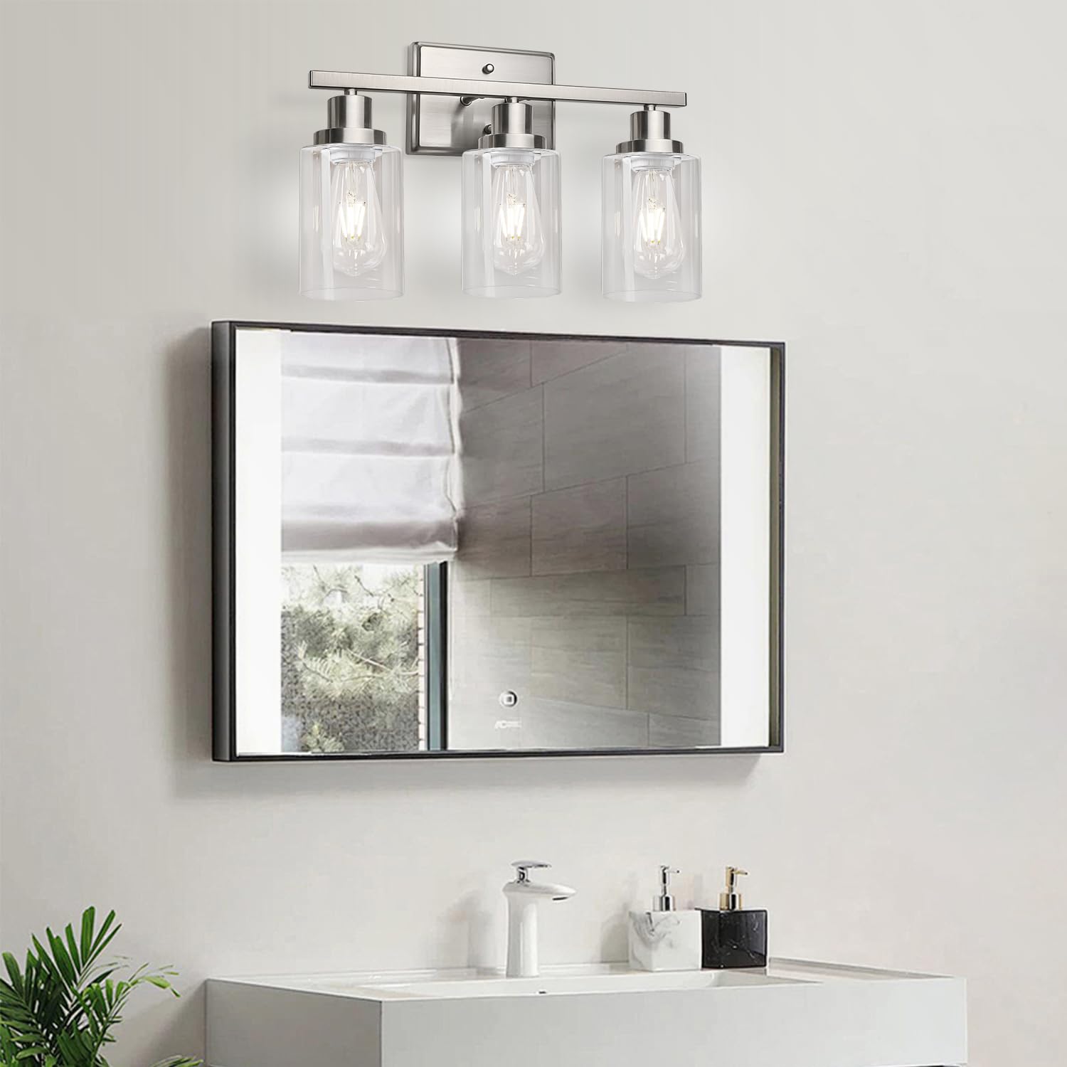 Ascher Bathroom Vanity Light Fixtures, 3 Light Wall Sconces Lighting with Clear Glass Shade, Brushed Nickel Wall Lights for Mirror, Kitchen, Living Room, Gallery, E26 Base (Bulbs Not Included)